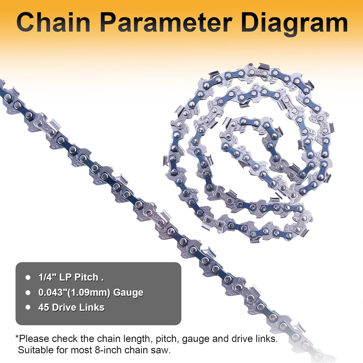 8 Inch Chainsaw Chain Replacement, 45 Drive Links .043" Gauge 1/4" LP Pitch Low-Kickback Fits Prunarbo PR-E8 8Inch Mini Electric Hand Saw Cordless for Wood Cutting Trimming Gardening Tool (Chain-1Pc) image number 4