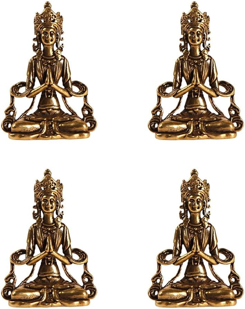 NOIAFZY 4PCS Vintage Solid Brass Miniature Buddha Figurine, Handcrafted Guanyin Avalokiteshvara Keychain Pendant, Antique Collectible Car Keyring, Turmeric Color Metal Accessory image number 3