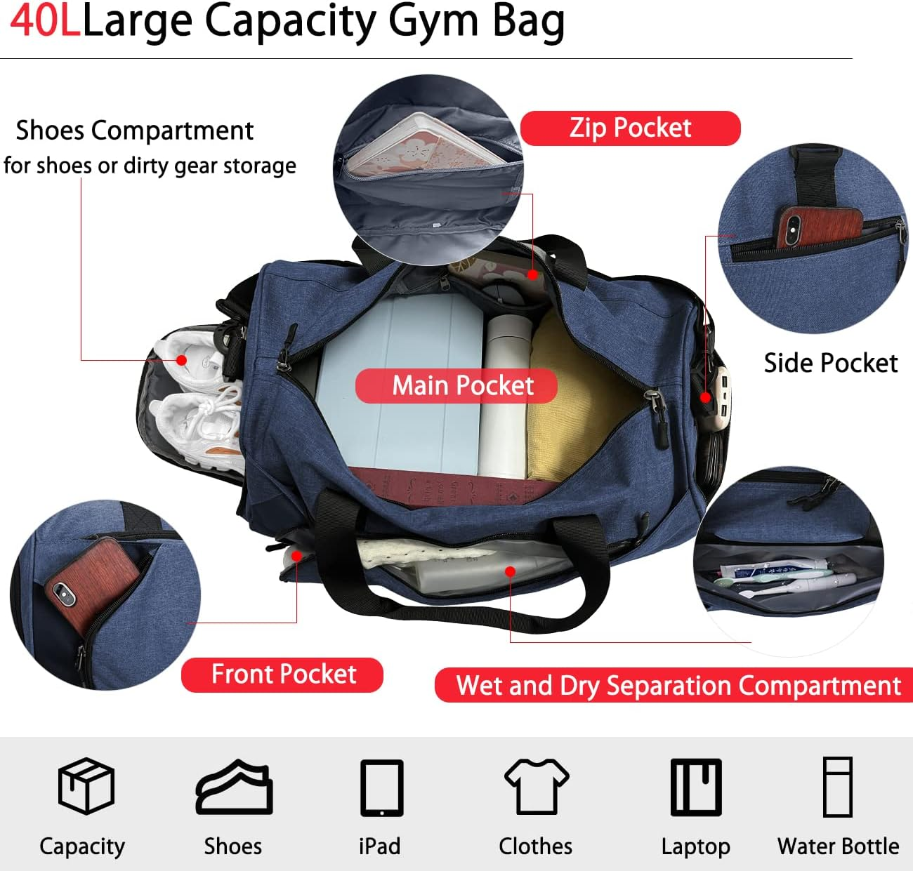 Duffle Bag for Men Women 40L Waterproof Sport Duffels Bags Gym Travel Bag with Shoes Compartment Weekender Overnight Bags Lightweight Carry on Bag with Wet Pocket,Navy - Navy image number 5