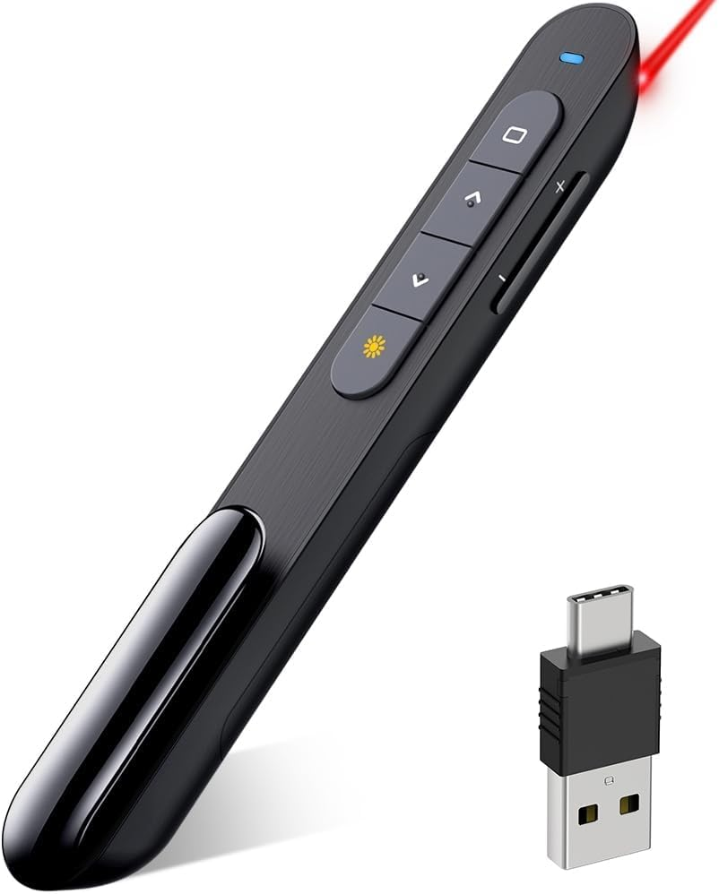 USB Type C Wireless Presenter Remote Presentation Clicker, Volume Control Powerpoint Clicker with Red Pointer Long Range PPT Clicker Slide Advancer for Mac PC Laptop Computer image number 2
