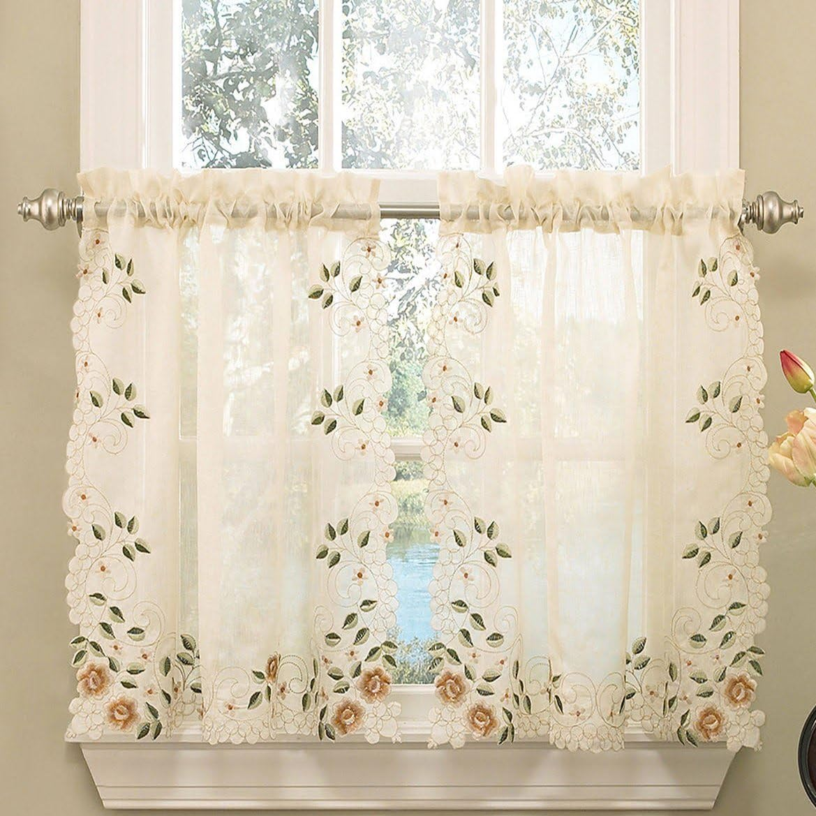 Sweet Home Collection Old World Style Floral Heavy Lace Kitchen Curtain Valance, Hopewell White