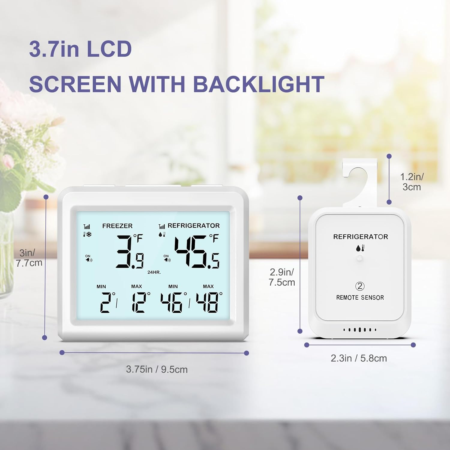 Digital Fridge Thermometer, Refrigerator and Freezer Thermometer with 2 Sensors, Indoor Thermometer with Backlight, Min/Max Record, Alarm, Room Thermometer for Home, Restaurant, Cellar, Bar image number 3