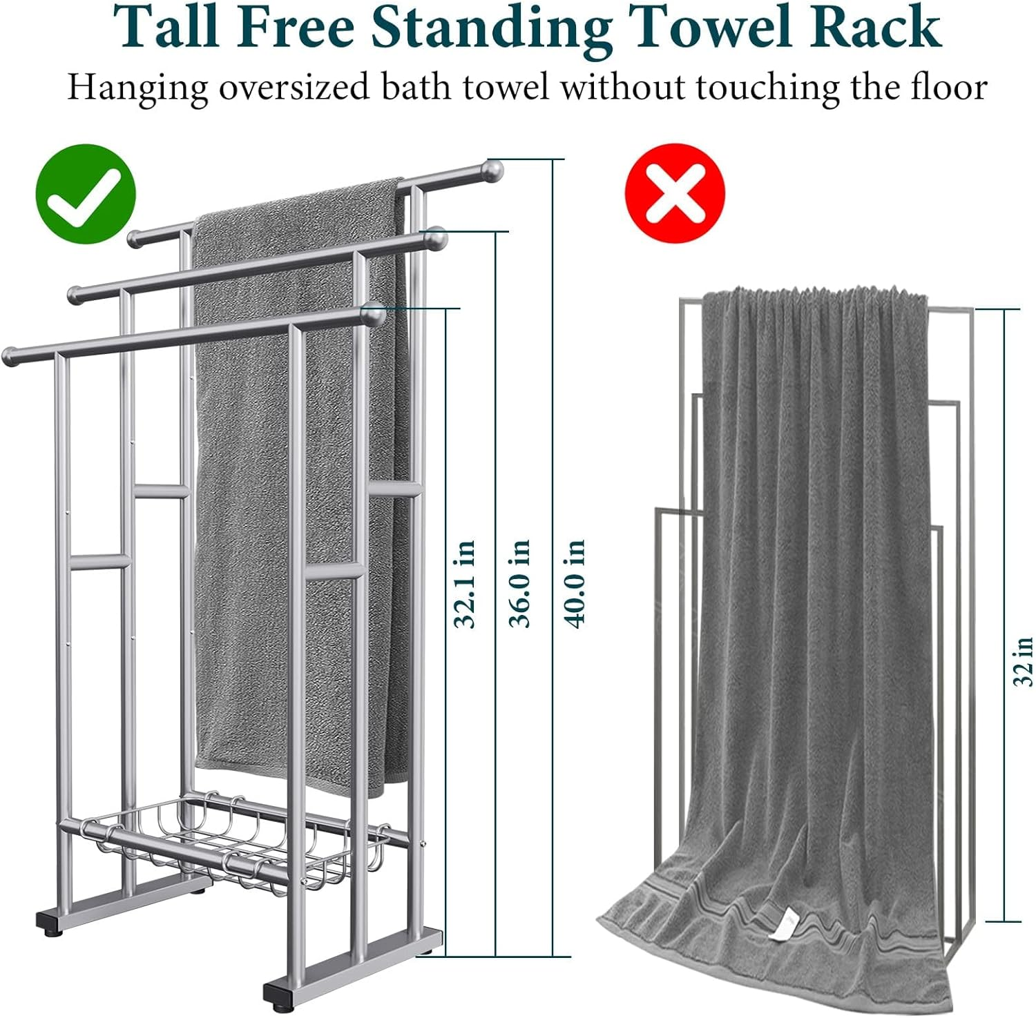 Kayfia 40/'' Tall Freestanding Towel Racks for Bathroom, 3 Tier Floor Rack with Storage Basket, Blanket Ladder Drying and Display Large Bath & Hand Outdoor Poolside (Silver), Grey (MJJ-FZ) image number 5