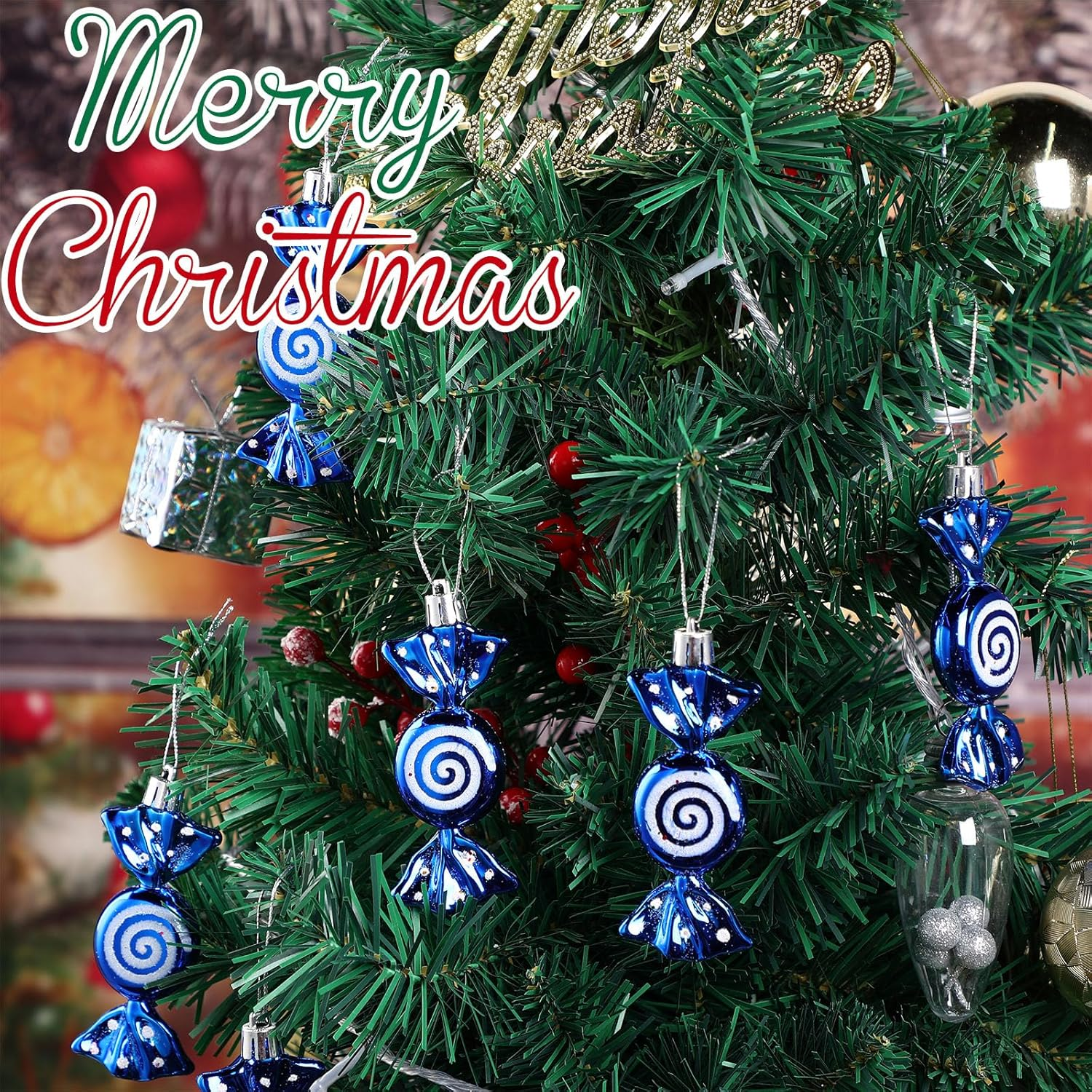 Threan 12 Christmas Tree Sweets Christmas Tree Decorations Candy Glitter Hanging Christmas Candy Ornaments Candy Cane Decoration with Golden Ropes (Blue, Plastic) image number 2