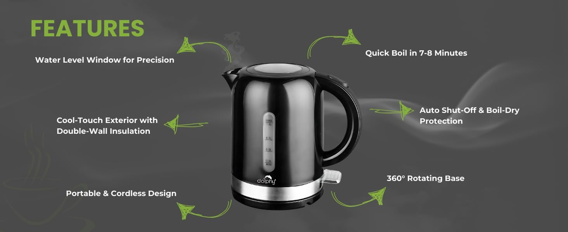 Dolphy 1L Electric Kettle &ndash; Black, High-Grade ABS Body, 1350&ndash;1500W Fast Boil, 360&deg; Concealed Heating, Compact & Durable for Home, Hotel, Motel, Office & Travel Use image number 2