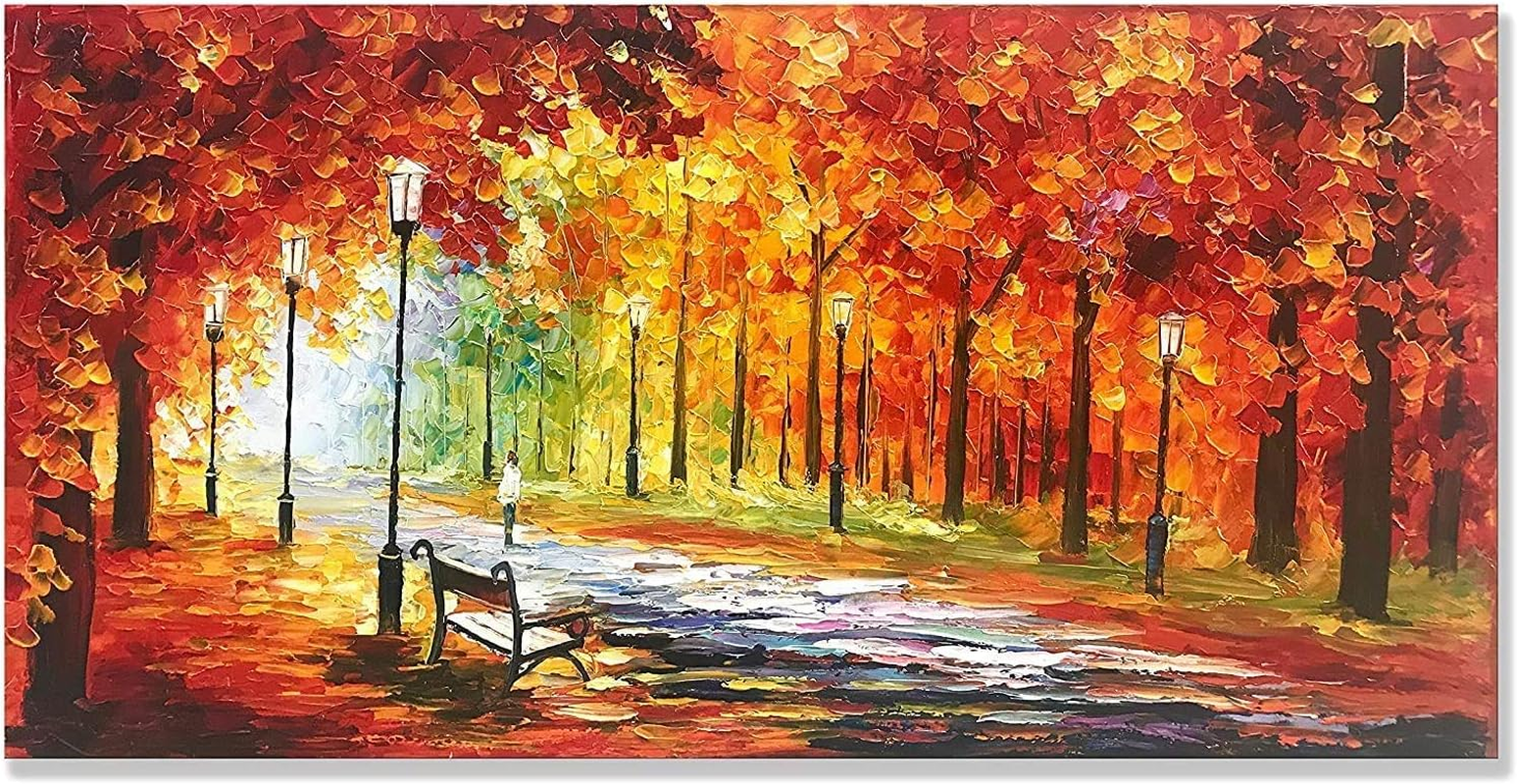 Framed Oil Painting,Hand Painted Modern Abstract Textured Big Wall Paintings,Can Be Hung Home Decoration Large Canvas Wall Art,Golden Autumn Forest Sightseeing (80 X 40 Cm) image number 3