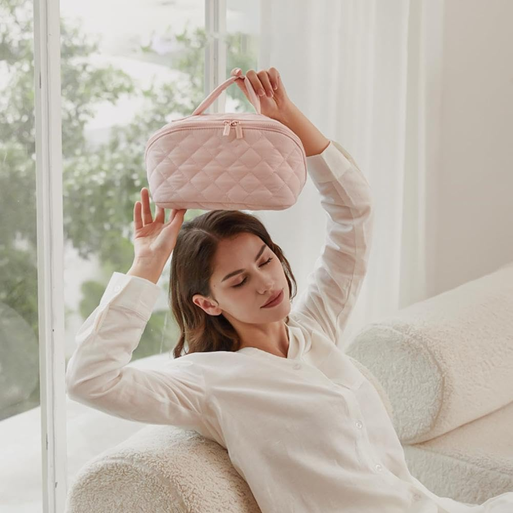 2 Pack Travel Makeup Bag Set with Clear Pouch, Women'S 180&deg; Lay-Flat Waterproof Cosmetic Organizer with Multi-Compartment, Large Capacity Toiletry & Brush Case for Daily Use and Travel (Pink) image number 6