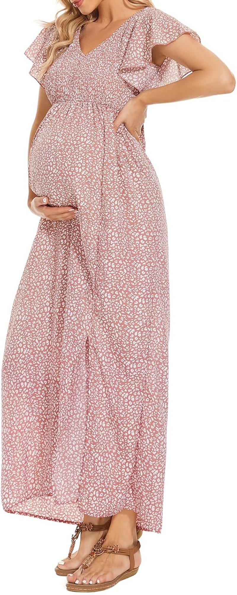 Floral Print V Neck Maternity Dress, Photoshoot Baby Shower Flutter Sleeve Smocked Boho Split A-Line Maxi Dresses