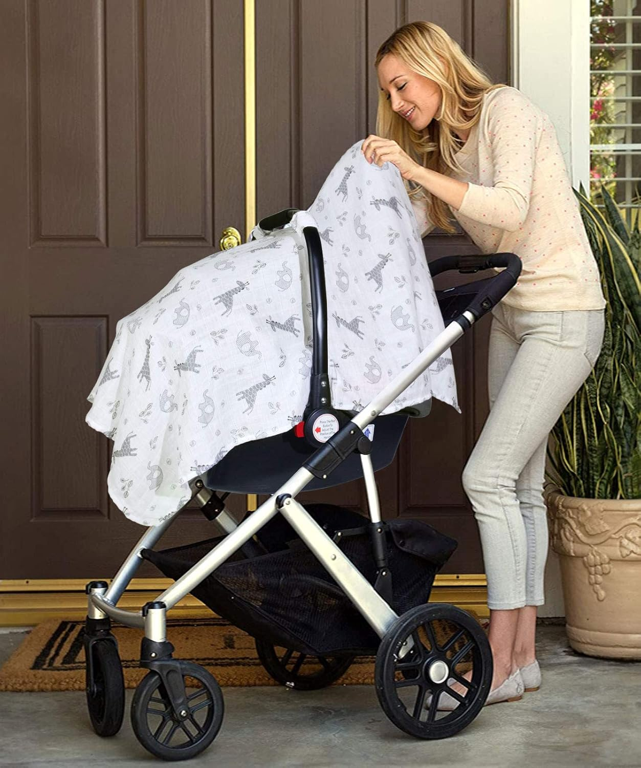 Baby Car Seat Covers for Boys Girls, Metplus Muslin Infant Carseat Canopy, Lightweight Breathable Newborn Carrier Canopies Stroller Cover, Universal Fit Large Size 47.2 X 35.4 Inch, Elephant Giraffe image number 5