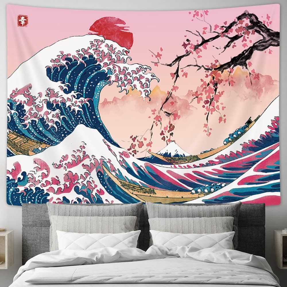 MERCHR Japanese Wave Wall Tapestry, Cool Ocean Wave Decoration, Asian Anime Mount Red Sun Cherry Blossom - 60X40 Inches