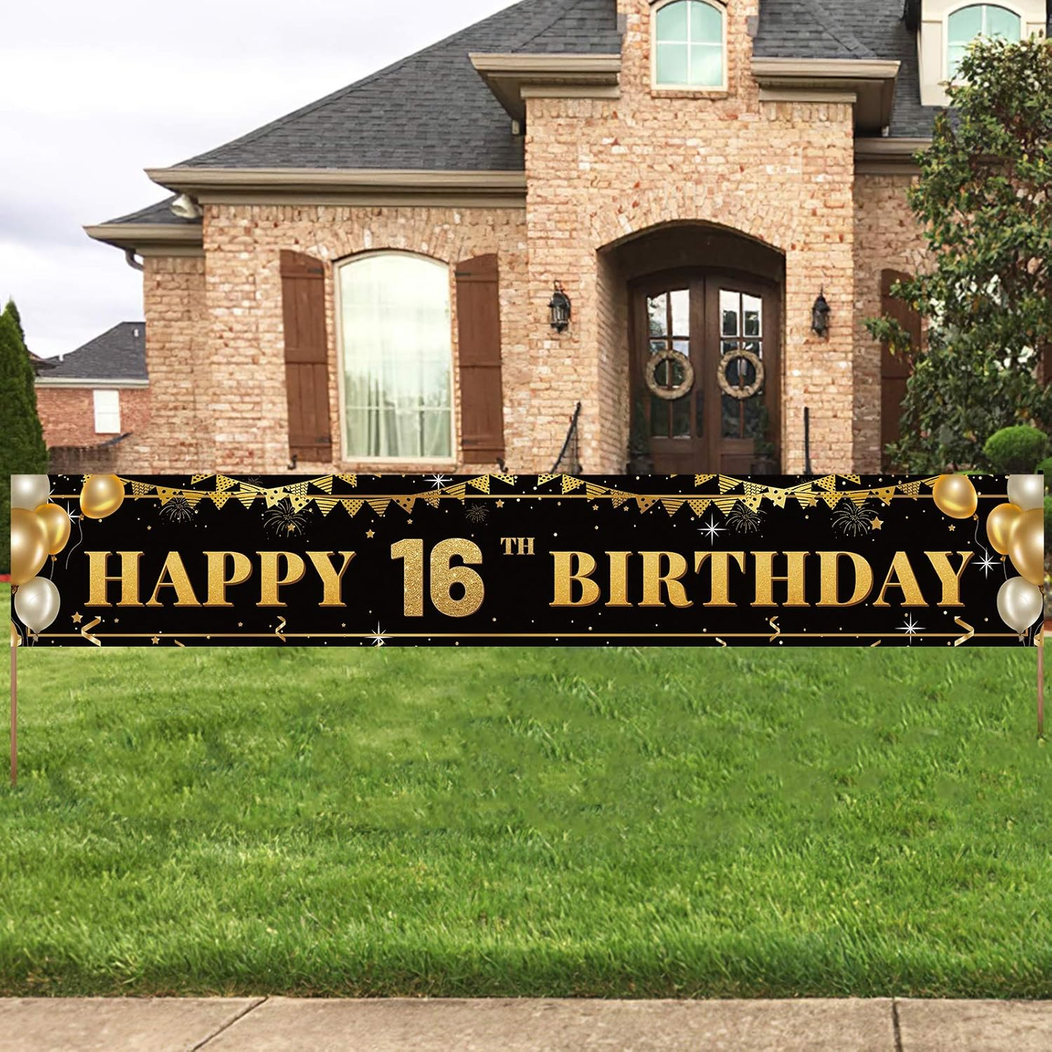 Large Happy 16Th Birthday Decoration Banner, Black and Gold Happy 16Th Birthday Banner Sign, 16Th Birthday Party Decorations Supplies(9.8X1.6Ft) image number 4