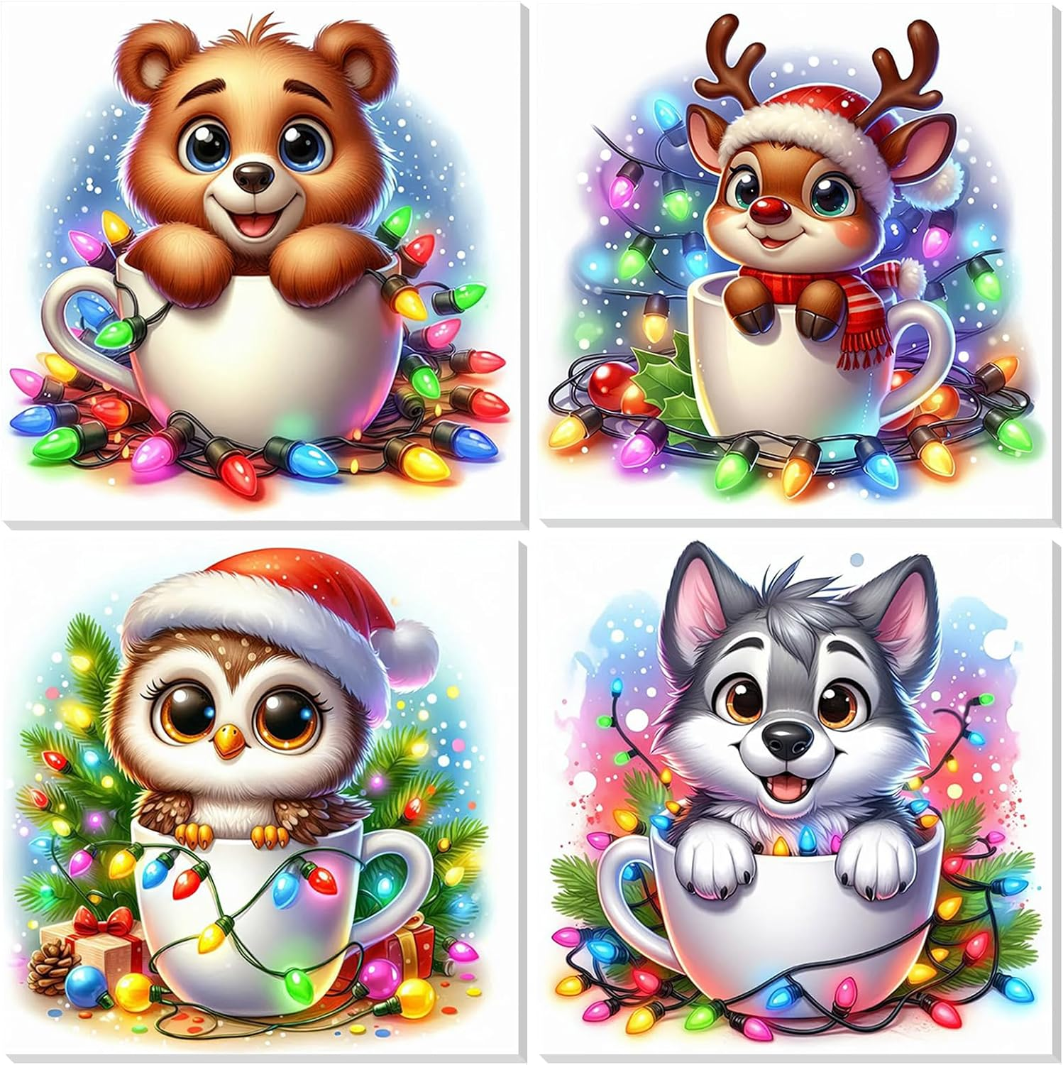 HEIBAGO Christmas Framed Paint by Numbers for Audlts, 4 Pack Animal Paint by Numbers Canvas, Audlt DIY Owl Oil Paint by Numbers Kits, Elk Painting Art Craft for Home Wall Decor 20X20Cm