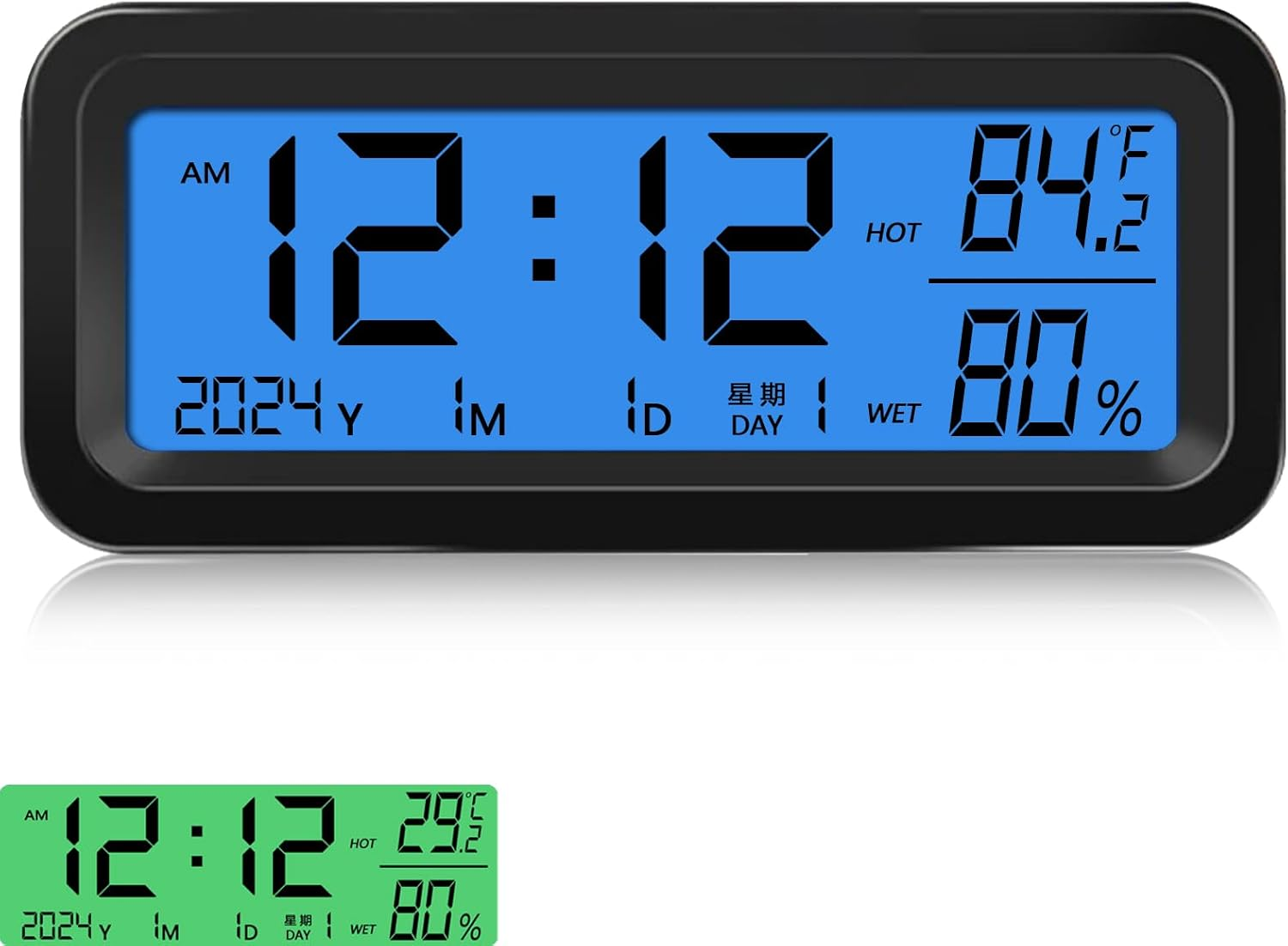 Dashboard Clock with Automatic Backlight at Night(Green & Blue), Temperature and Humidity Monitor, 12/24 Hour Format Time, Calendar, Solar Power and Type C Cable Charging for Car Truck image number 6
