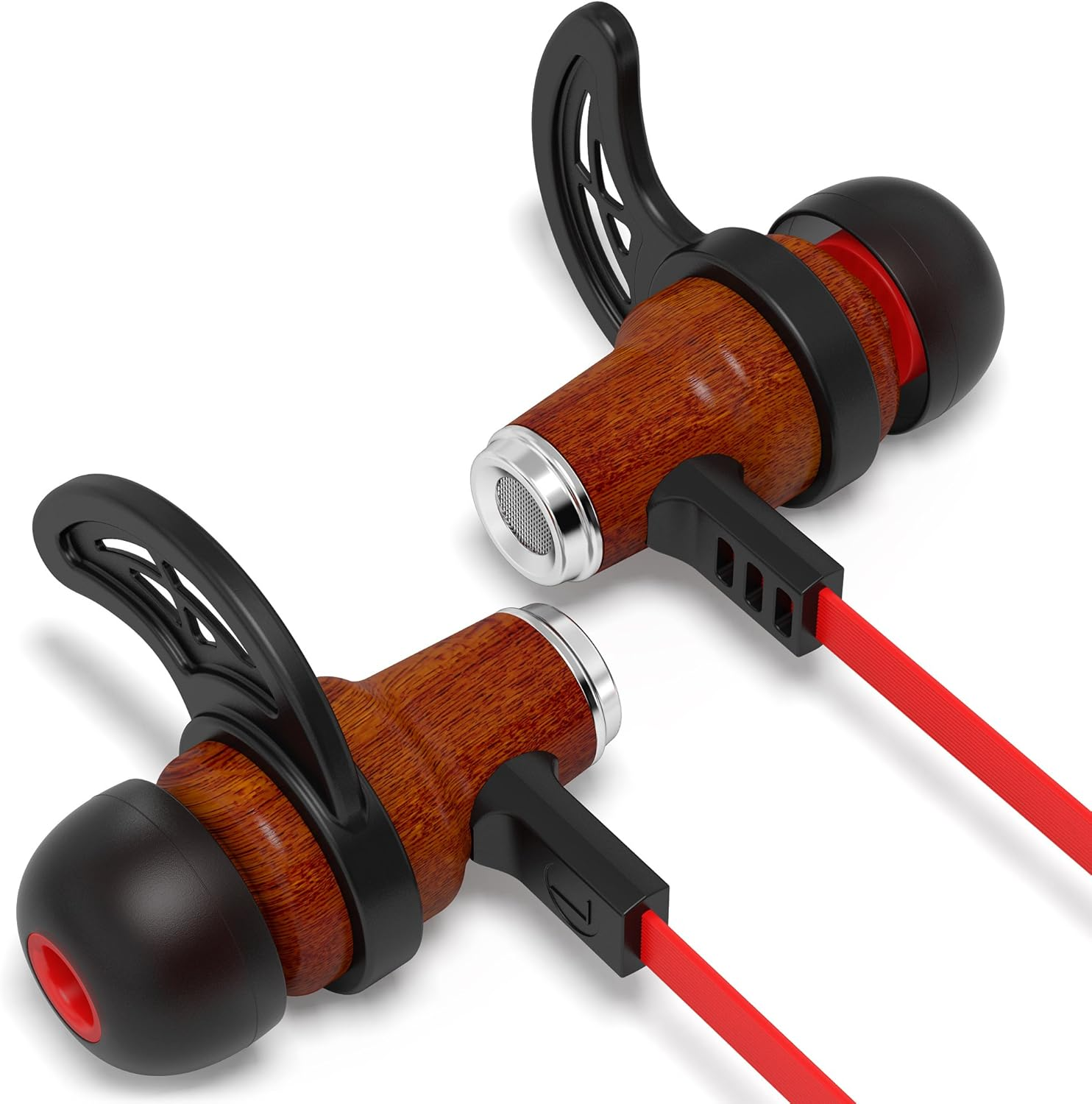 Symphonized NRG Bluetooth Wireless Wood In-Ear Noise-Isolating Headphones, Earbuds, Earphones with Mic & Volume Control (Red) image number 2