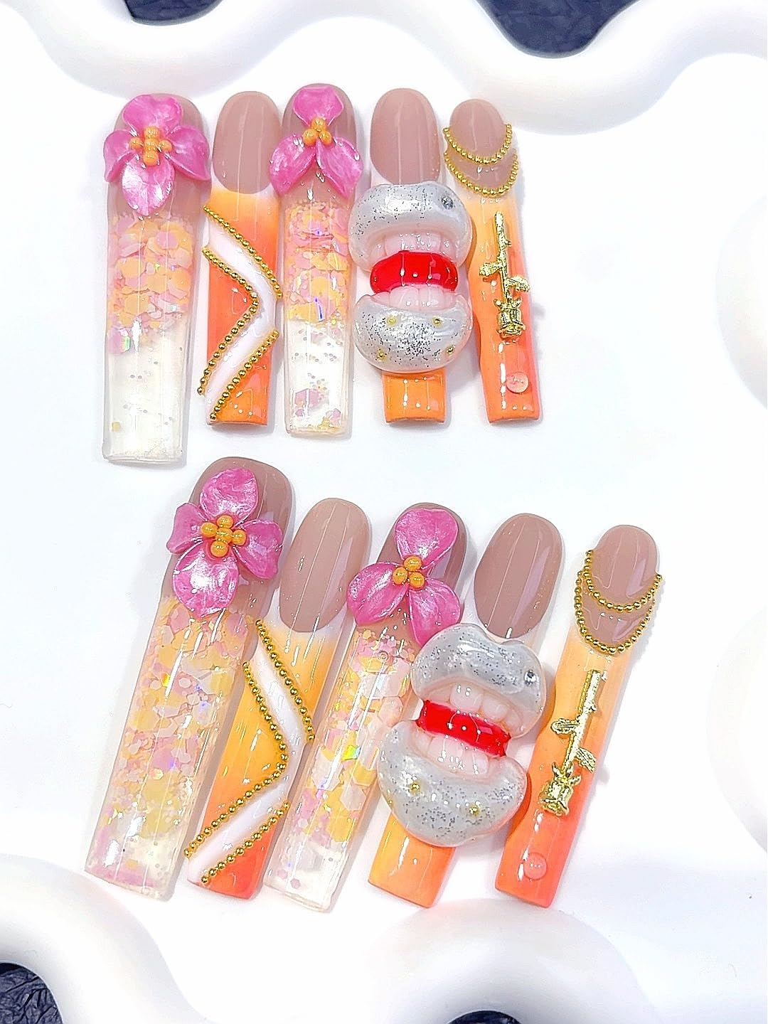 Soft Peach Resin Flow Art Press-On Nails, 3D Floral & Lace Rhinestone Embellished False Nails Set (10 Pcs) (O017, Short) image number 1