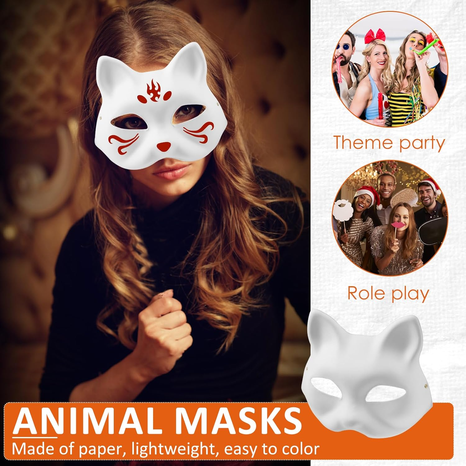 24PCS DIY White Paper Cat Mask for Costume Party Smooth Surface Paintable Animal Half Face Masquerade Mask Lightweight Fox Facepiece for Art Project image number 6