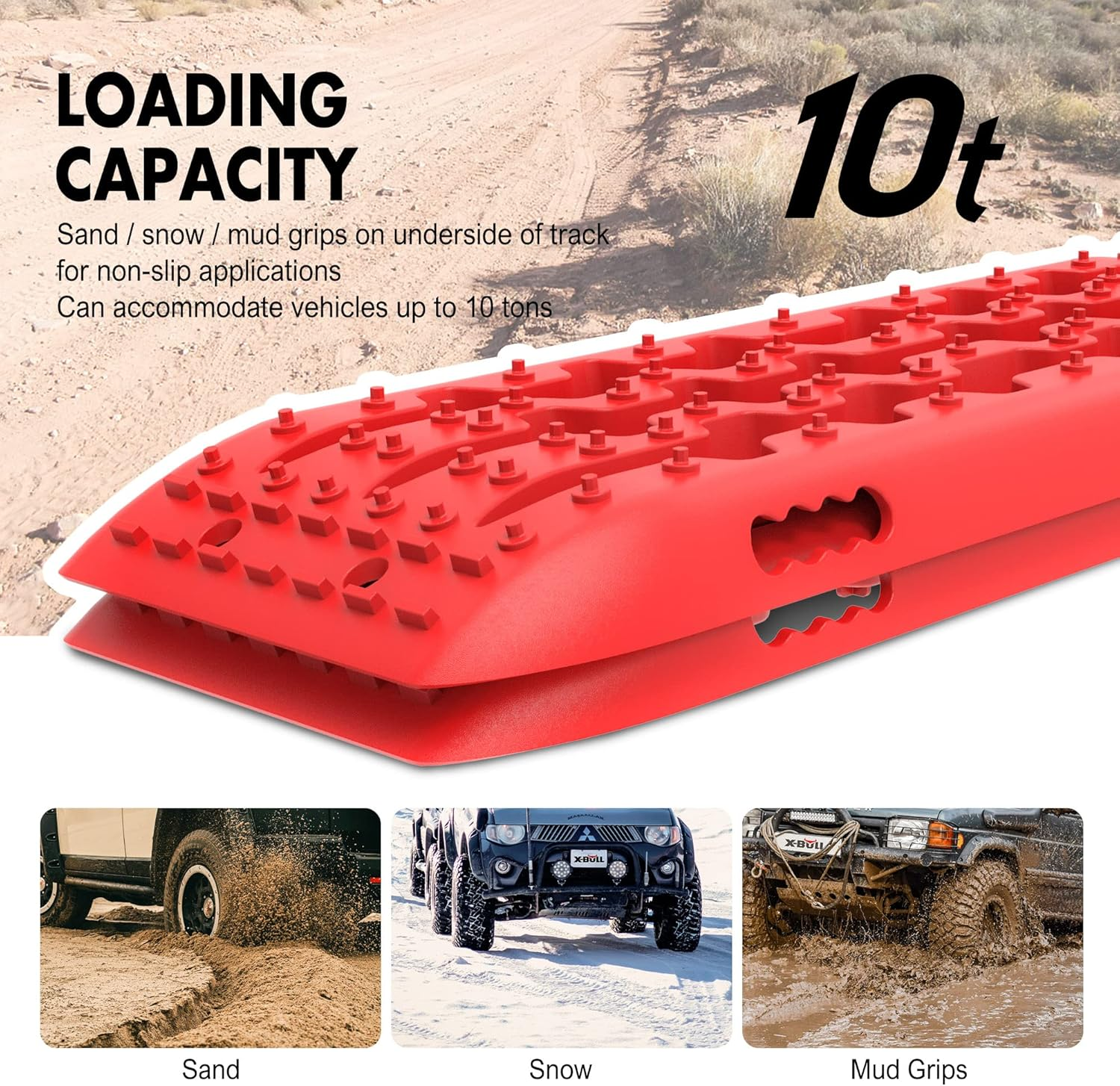 X-BULL Recovery Tracks 4X4 Recovery Boards Offroad 4Wd Tracks 22046LBS/10000KG Stand for Automotive Accessories Tires and Wheels in the Sand Mud Snow(Gen 2.0 Red) image number 5