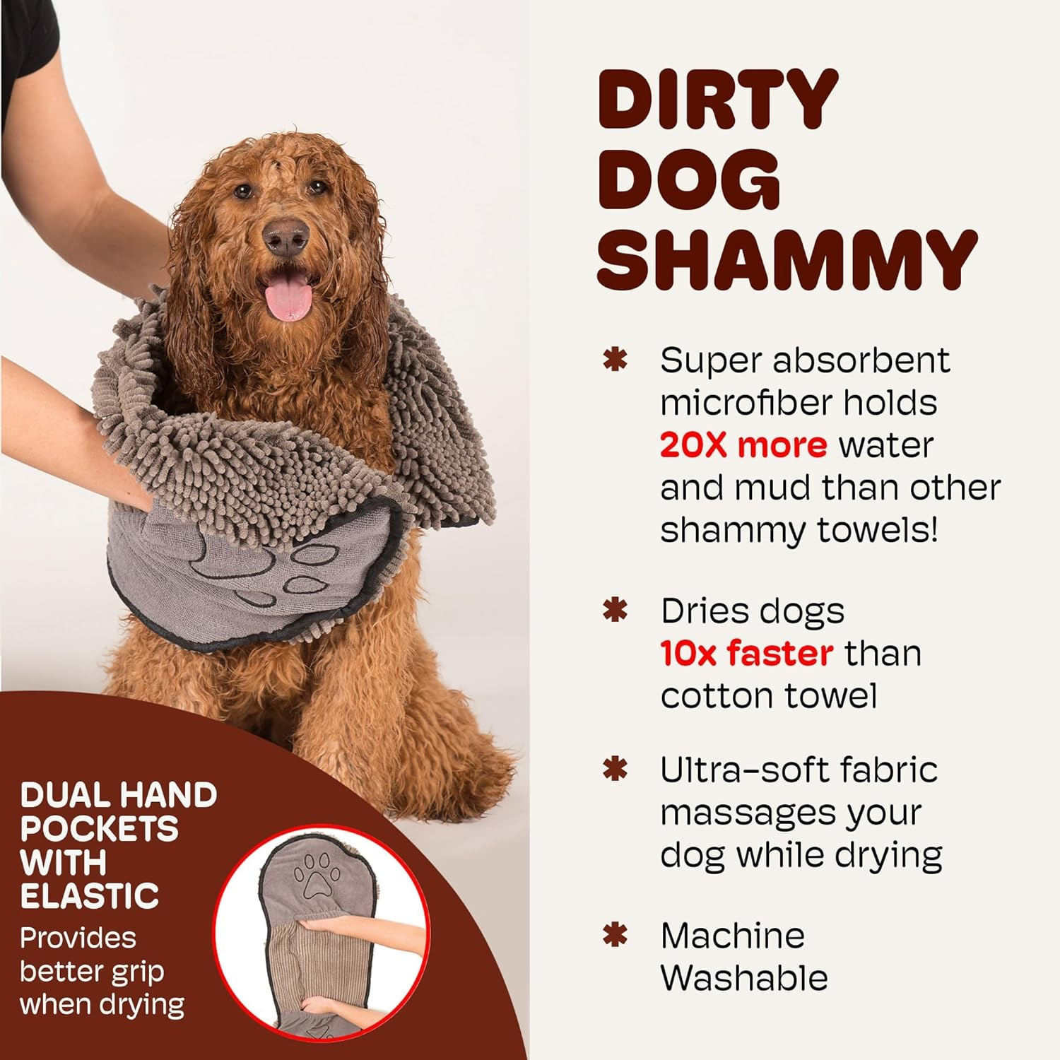 The Original Dirty Dog Shammy Ultra Absorbent Microfiber Quick Drying Towel with Hand Pockets for Wet Dog Handling and Grip Is Perfect for Bath, Rain, Beach image number 1