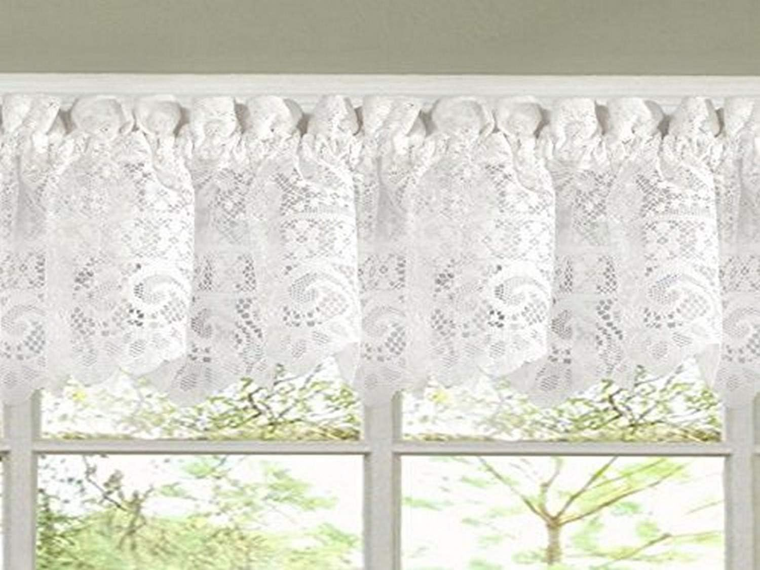 Sweet Home Collection Old World Style Floral Heavy Lace Kitchen Curtain Valance, Hopewell White