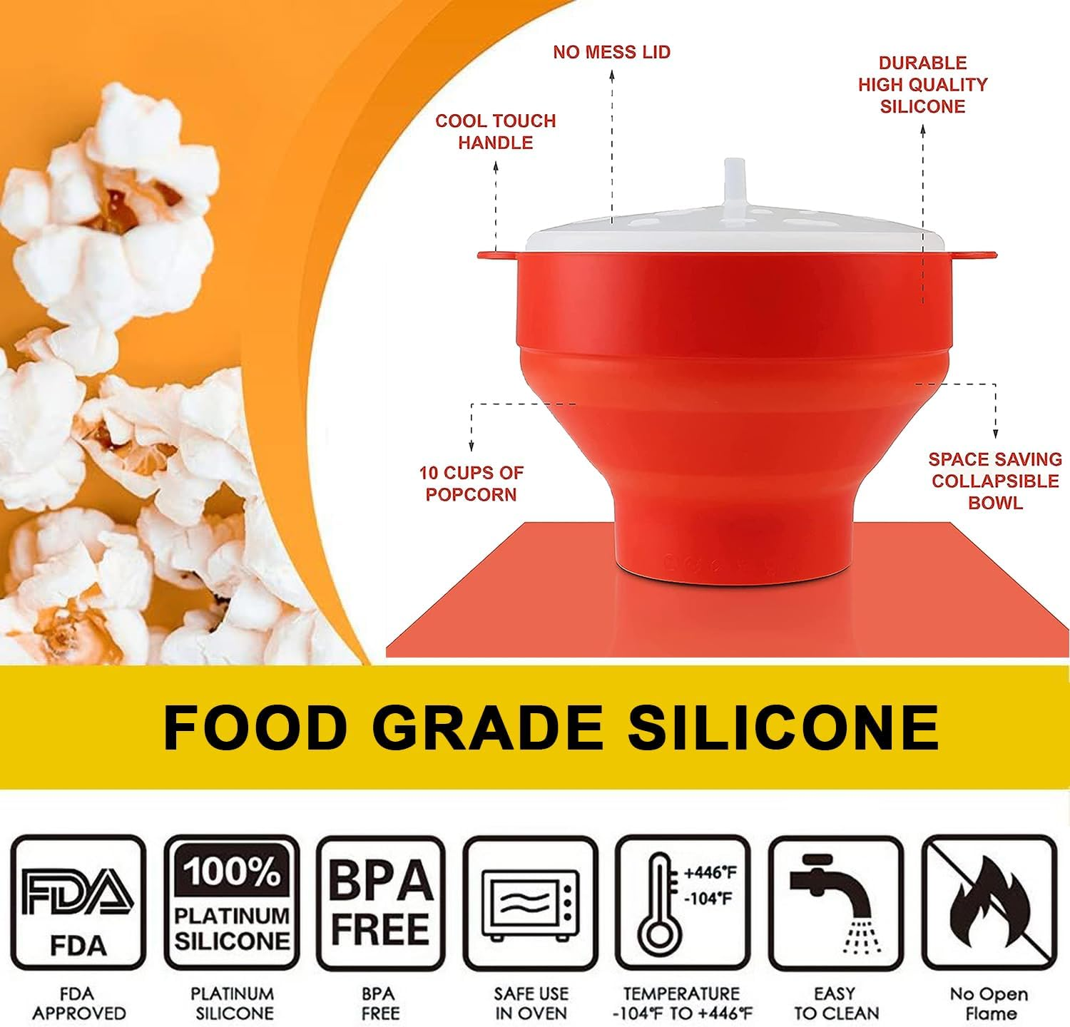 Microwave Popcorn Maker, Popcorn Bowl, Silicone, Collapsible Microwaveable Bowl. Silicone Microwave Popcorn, with Handle, Dishwasher Safe, Oil Free, Bpa Free, High Temperature Resistant (Red) image number 5