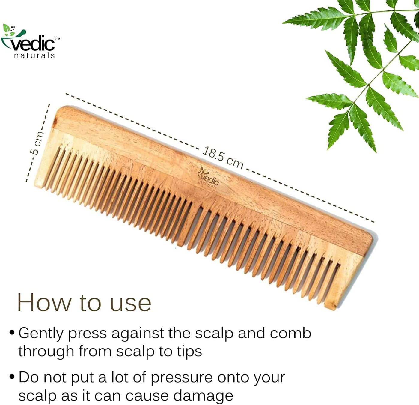Vedic Naturals 100% Pure & Natural Neem Wood Comb Promotes Hair Growth Reduces Hair Fall & Control Dandruff Wide & Thin Teeth image number 1