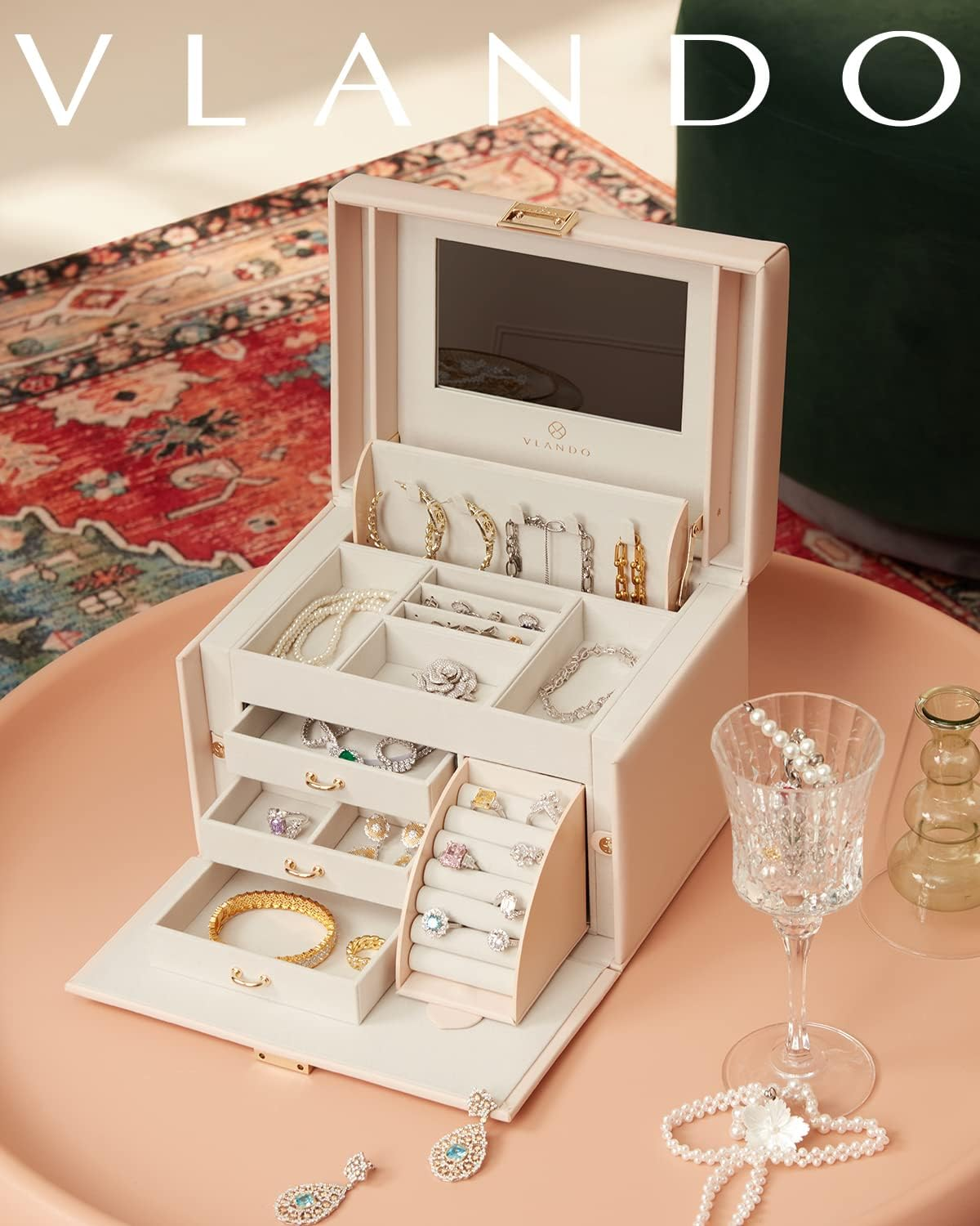 Vlando Jewellery Box Organiser, Faux Leather Jewellery Storage Case with Mirror, Storage for Earring Rings Necklace Large Jewellery Box for Home Storage & Organisation,Christmas Birthday Gift - Pink