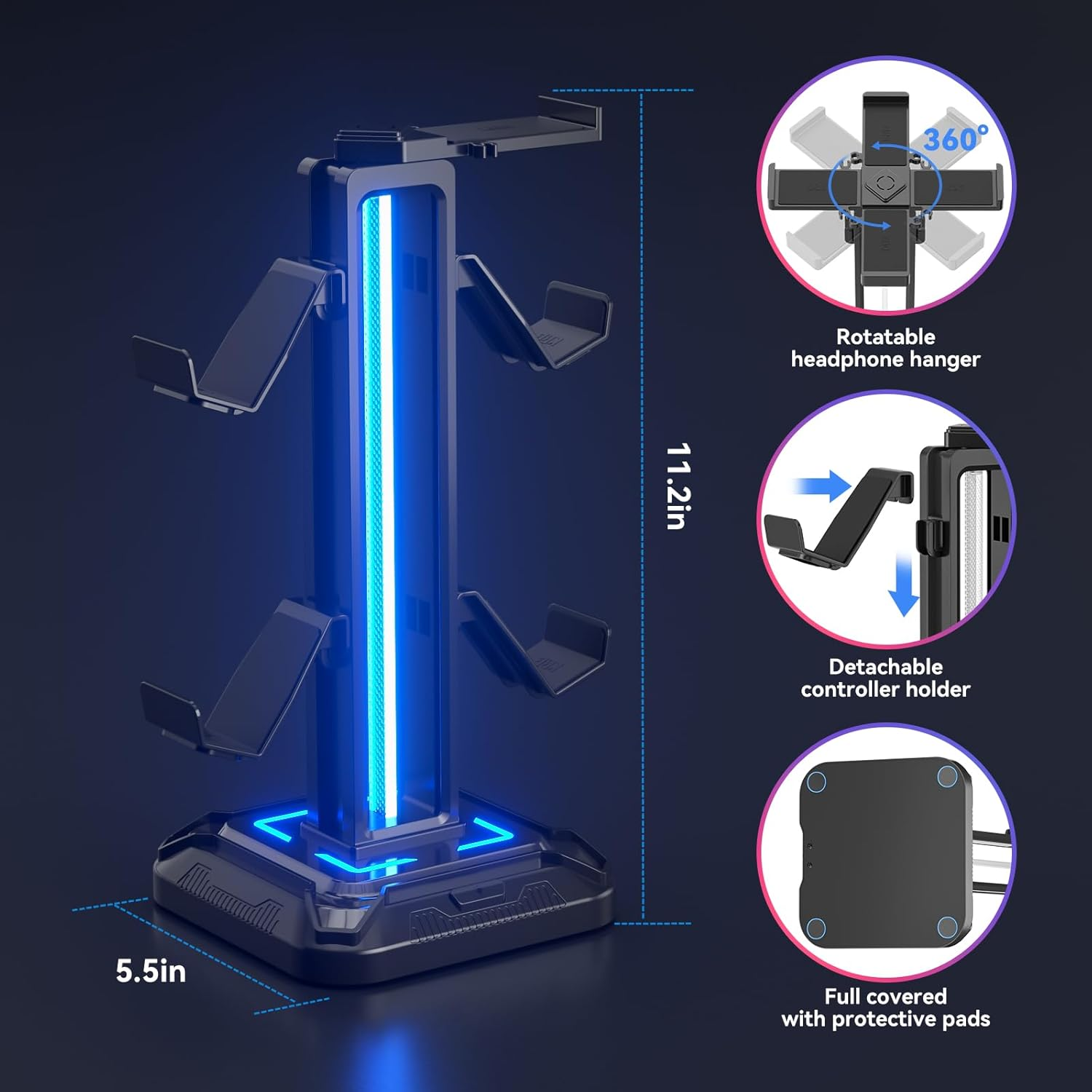 KDD Headset Stand with 9 Light Modes - Detachable Controller Holder for Desk - Rotatable Headphone Stand & Controller Hook Hanger for PC Earphone Gaming Accessories image number 1