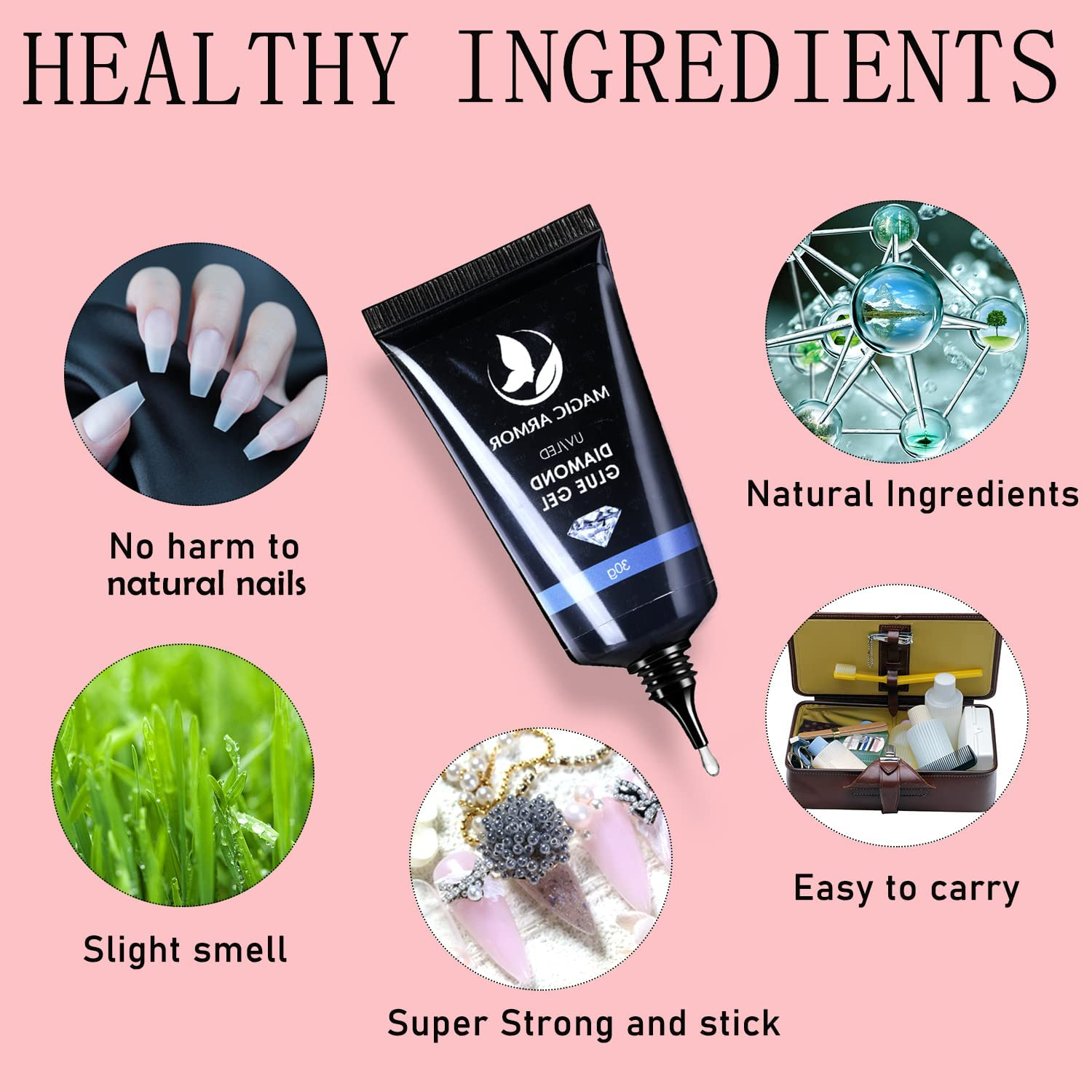 MAGIC ARMOR 2 Pcs Nail Art Rhinestone Glue Gel 30G, Clear, Low Viscosity, Super Strong, Nail Glue