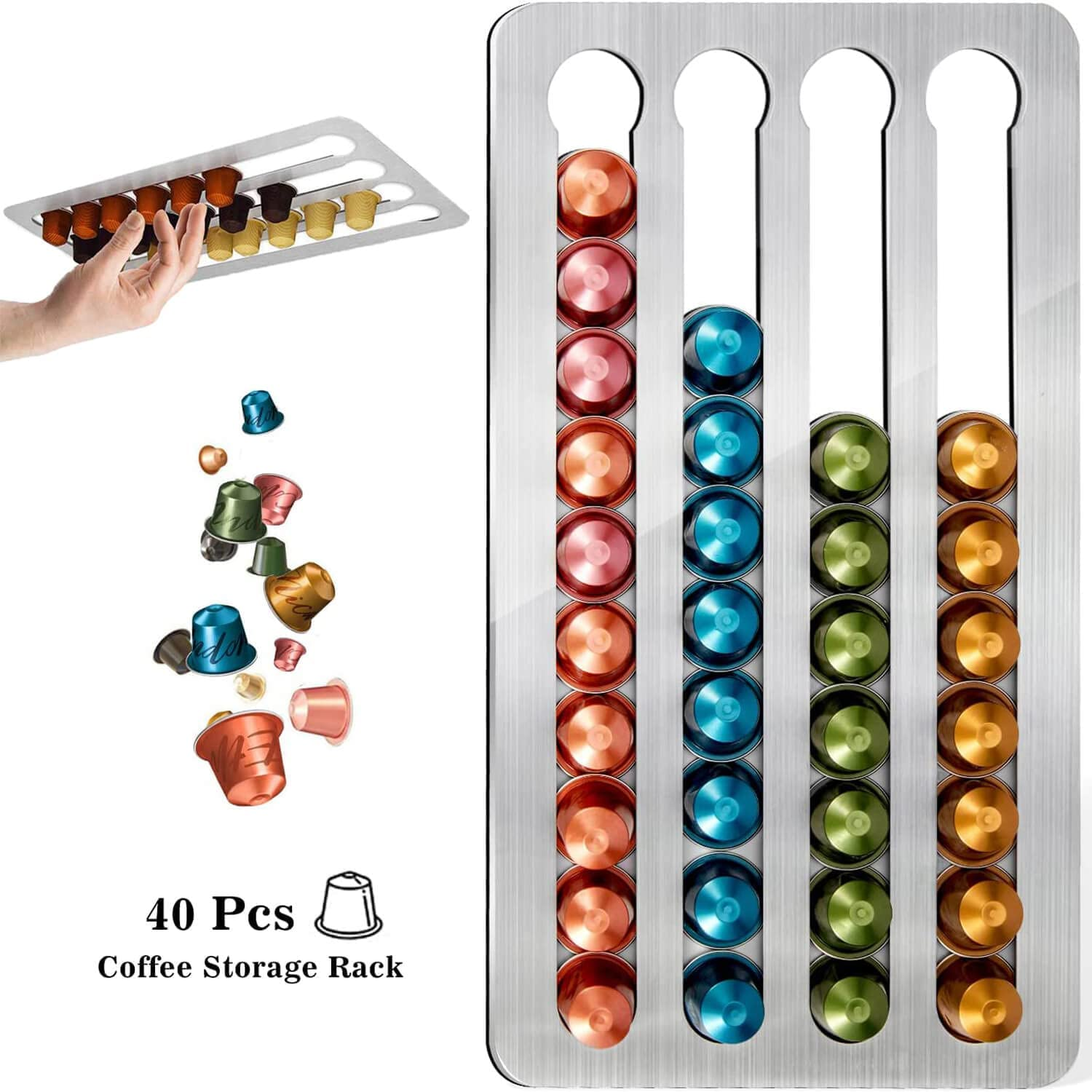 Coffee Pod Holder Organizer Compatible with Nespresso Line, Stainless Steel Capsule Holder 41X 22Cm Holds 40 Pods for Kitchen Wall, Cabinets, Adhesive (Original Line) image number 4