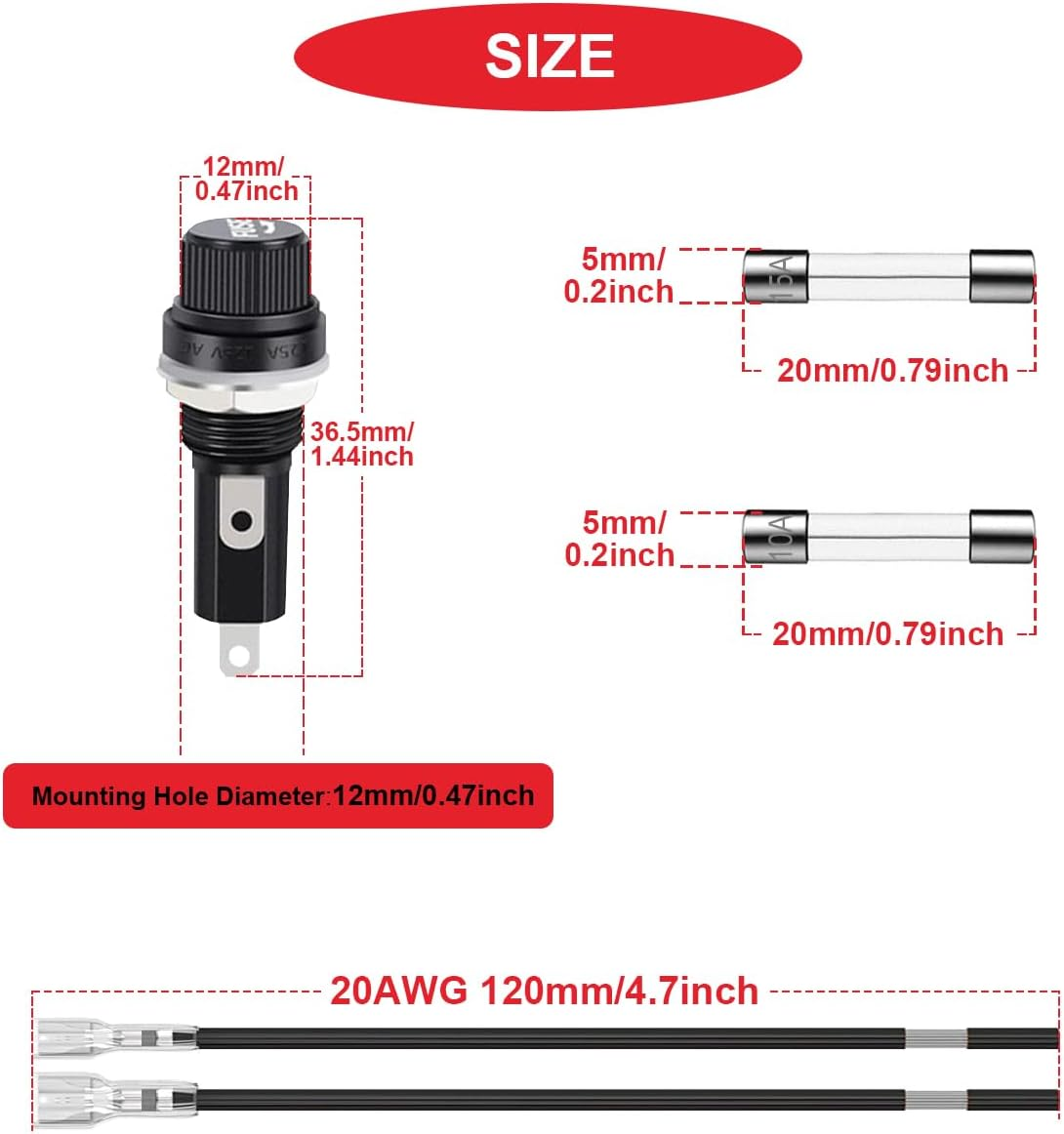8Pcs Panel Mount Fuse Holder DC 12V AV250V Screw Cap Fuse Holder 5X20Mm with Pre-Soldering Wire and Fast Blow Glass Tube Fuse 10A X 8, 15A X 8