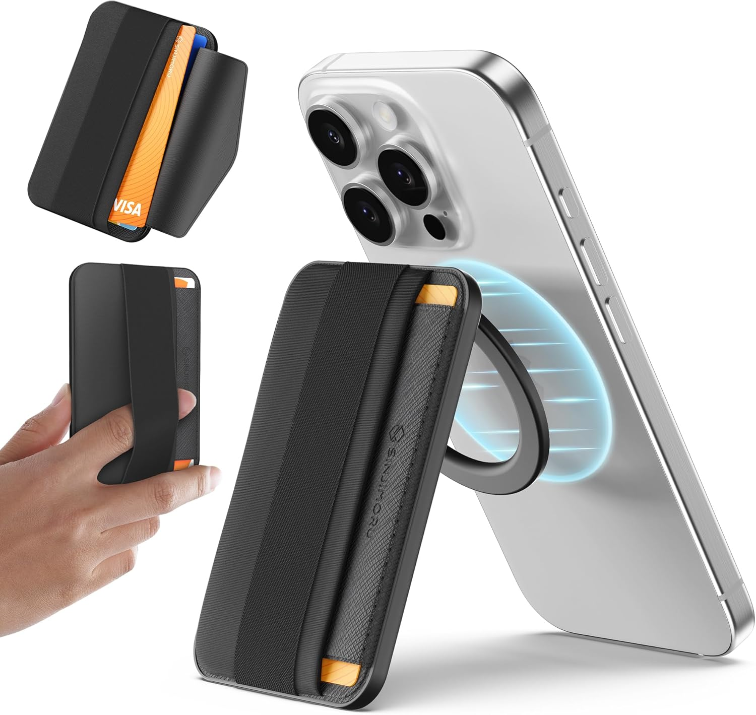 Sinjimoru for Magsafe Wallet, Adjustable Stand with Magnetic Wallet, 3000G Magnetic Strengh, Soft Wool Band Grip, Side Access Type, M-Band Stand Black image number 6