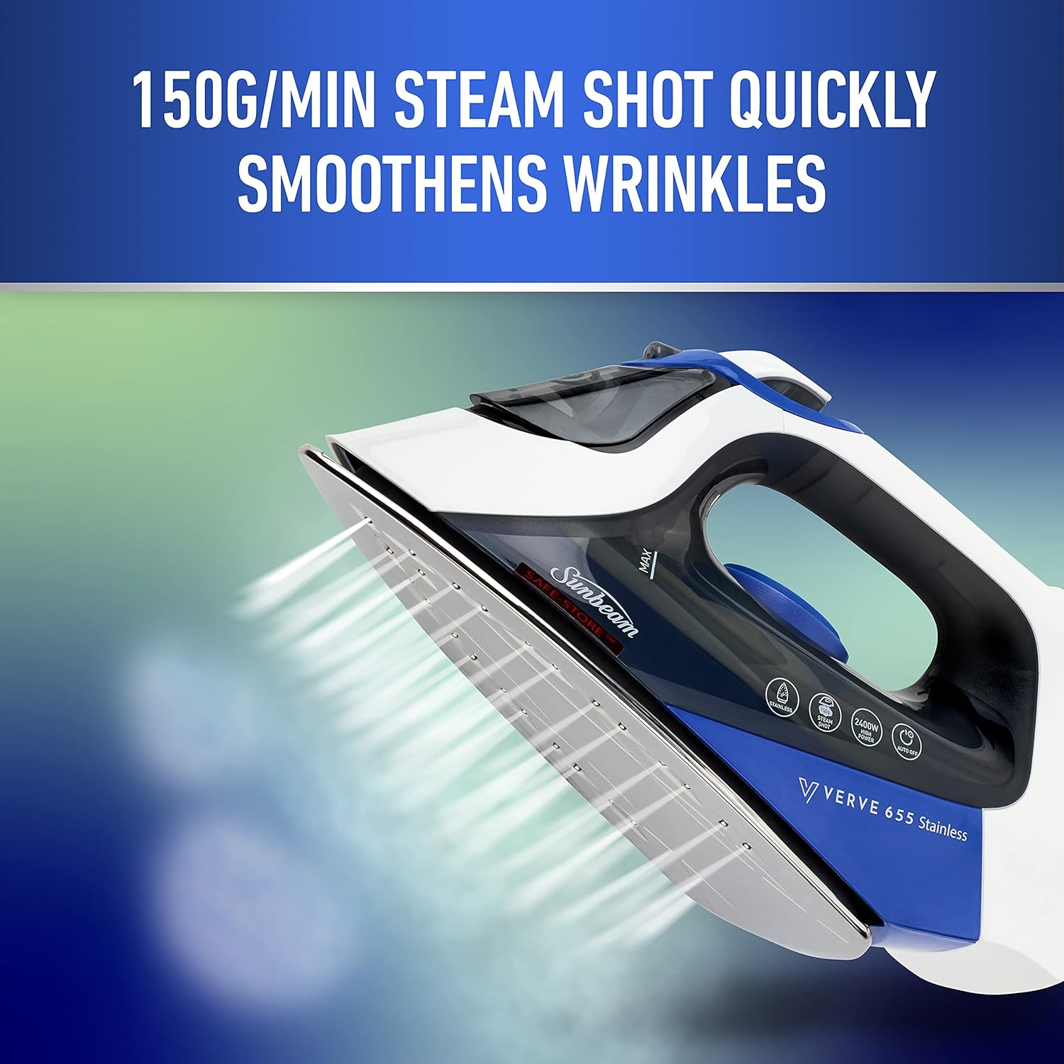 Sunbeam Verve Stainless Steam Iron | Durable Stainless Steel Soleplate, 150G/Min Steam Shot, 300Ml Tank, 2400W Fast Heat-Up, Safe Store Indicator, Auto-Off, Blue SRS6550 image number 6