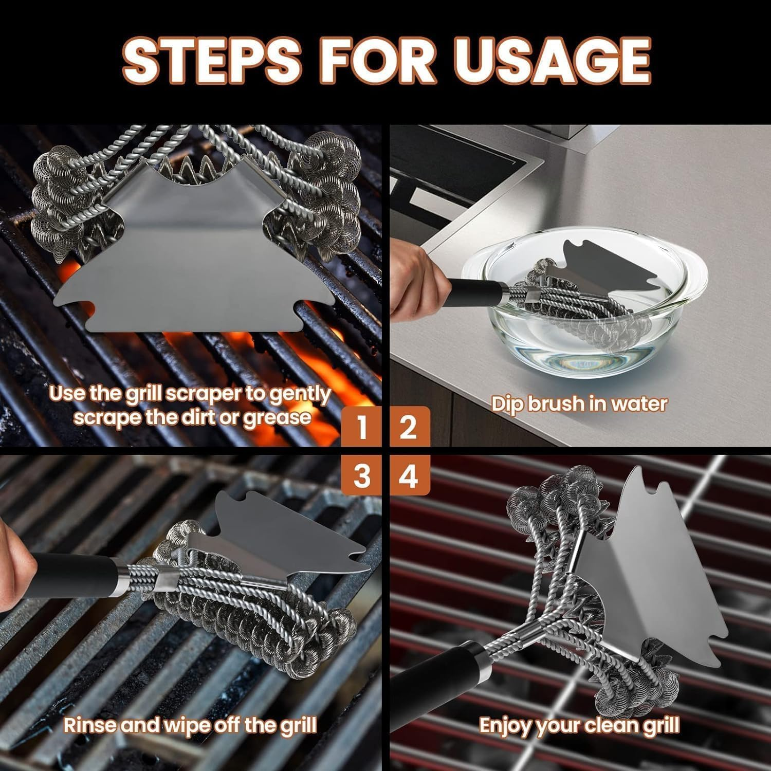 Mumoo Bear BBQ Grill Cleaning Brush, 18 Inch Long Heavy Duty 3 Rows Stainless Steel Barbecue Cleaner Brush with Scraper Accessories for BBQ Grill Tools Including Gas, Charcoal and Electric Grill image number 2