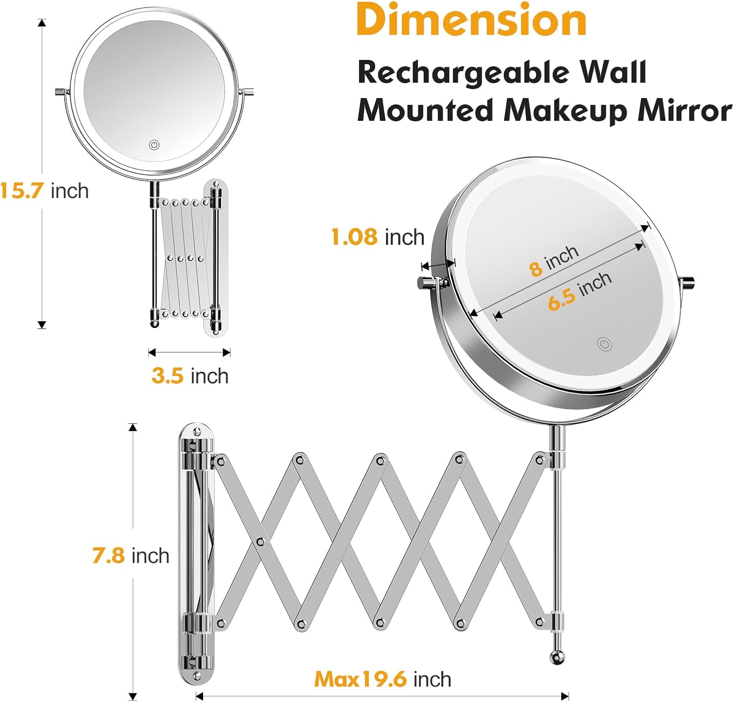 FUNTOUCH USB Rechargeable Cosmetic Mirror with 1X/10X Magnification, 3 Colours Lighting, Touch Screen Dimming, Extended Arm Makeup Mirror, 360&deg; Rotatable Wall Mirror for Bathroom and Hotel image number 5