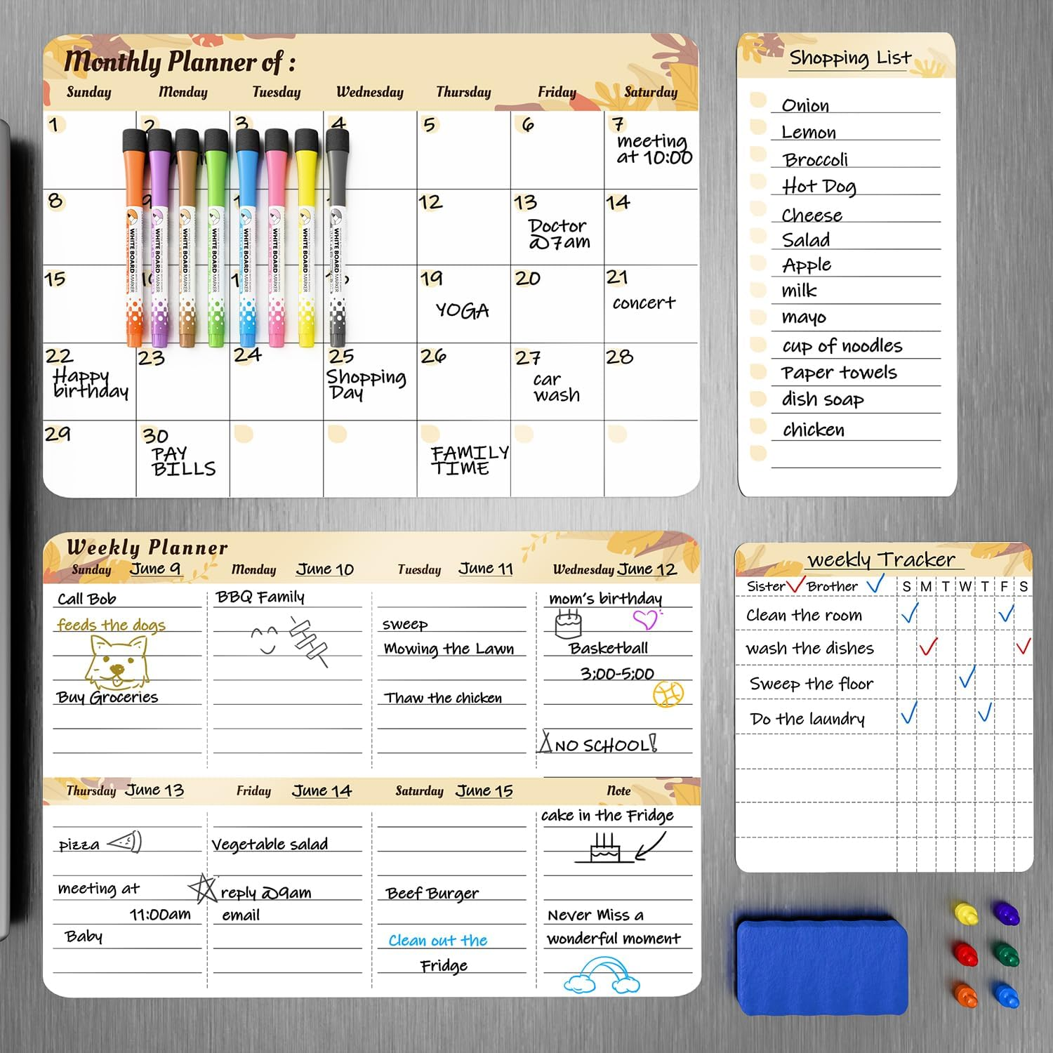 Refrigerator Calendar Magnetic, 16.3X11.7&rdquo; (4-Pack) &ndash; Weekly & Monthly Planner, Chore Chart, Grocery/To-Do List for Fridge, Includes 8 Markers, 6 Magnets & 1 Eraser for Kitchen, Yellow