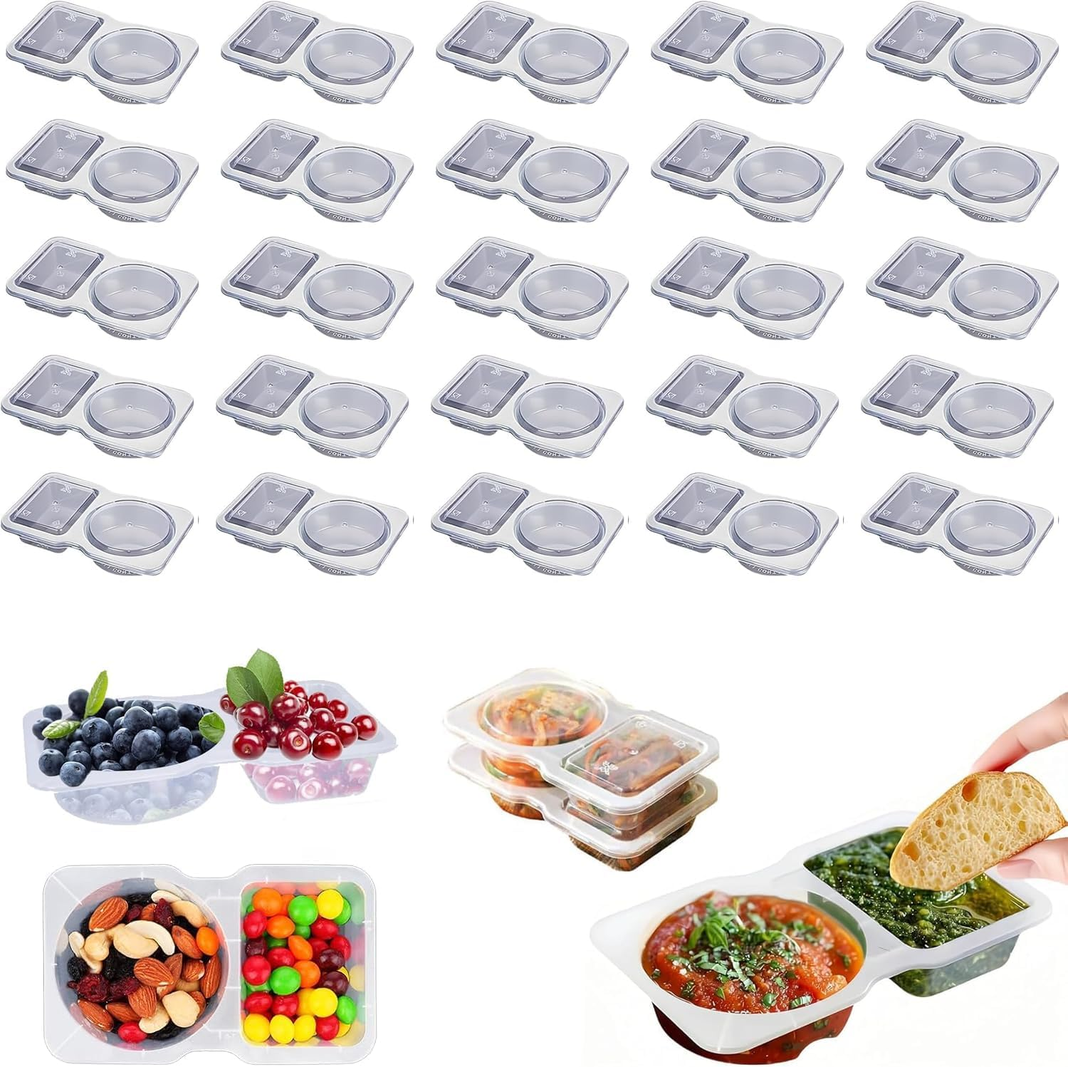 25PCS Double Compartment Condiment Containers with Lids, Reusable Snack Containers for Refrigeration and Portion Control, Takeaway Sauce Dip Case, Great for To-Go Sauce, Sampling, Travelling Snacks