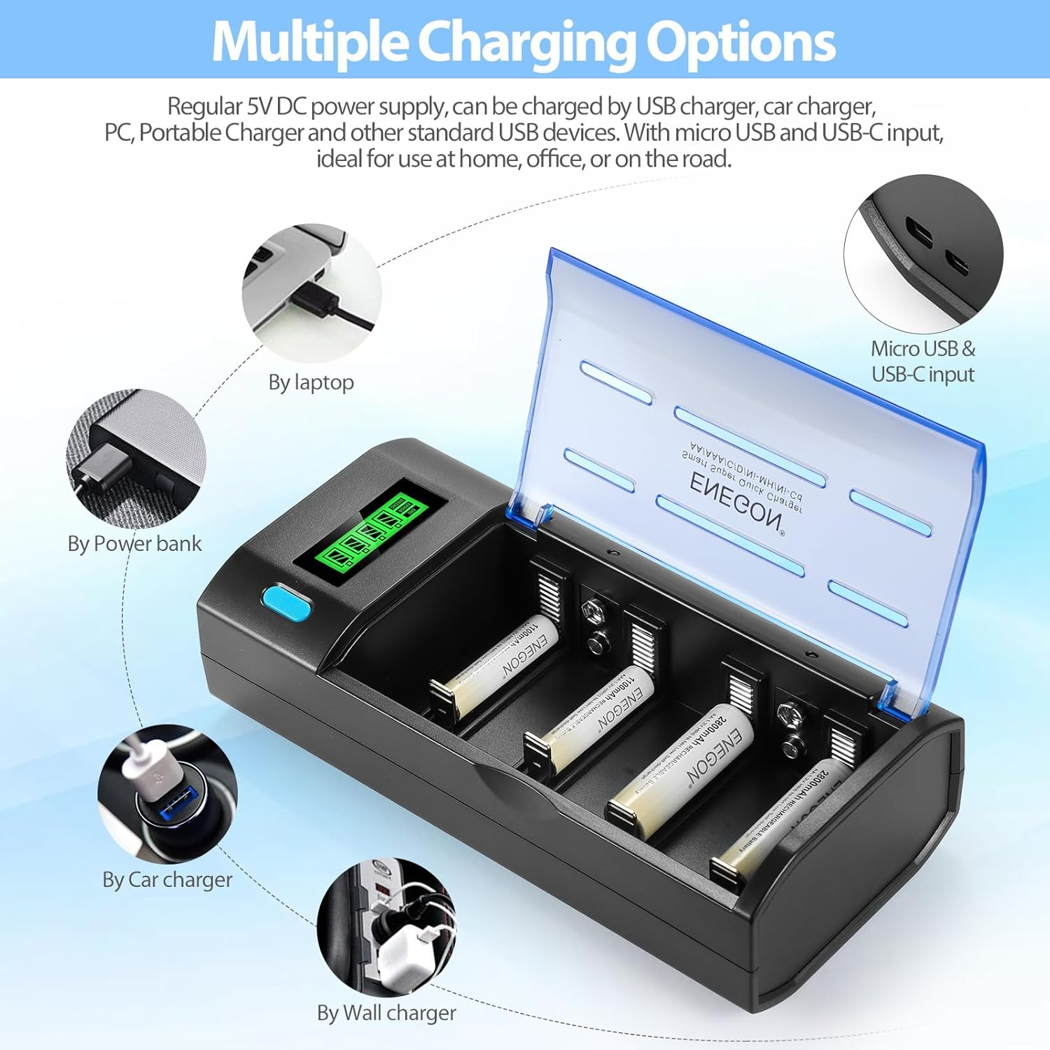 ENEGON Smart Multi-Function Fast Battery Charger for AA AAA C D 9V Rechargeable Batteries with Micro-Usb and USB-C Input, LCD Display (Ni-Mh Ni-Cd Rechargeable Battery) image number 1