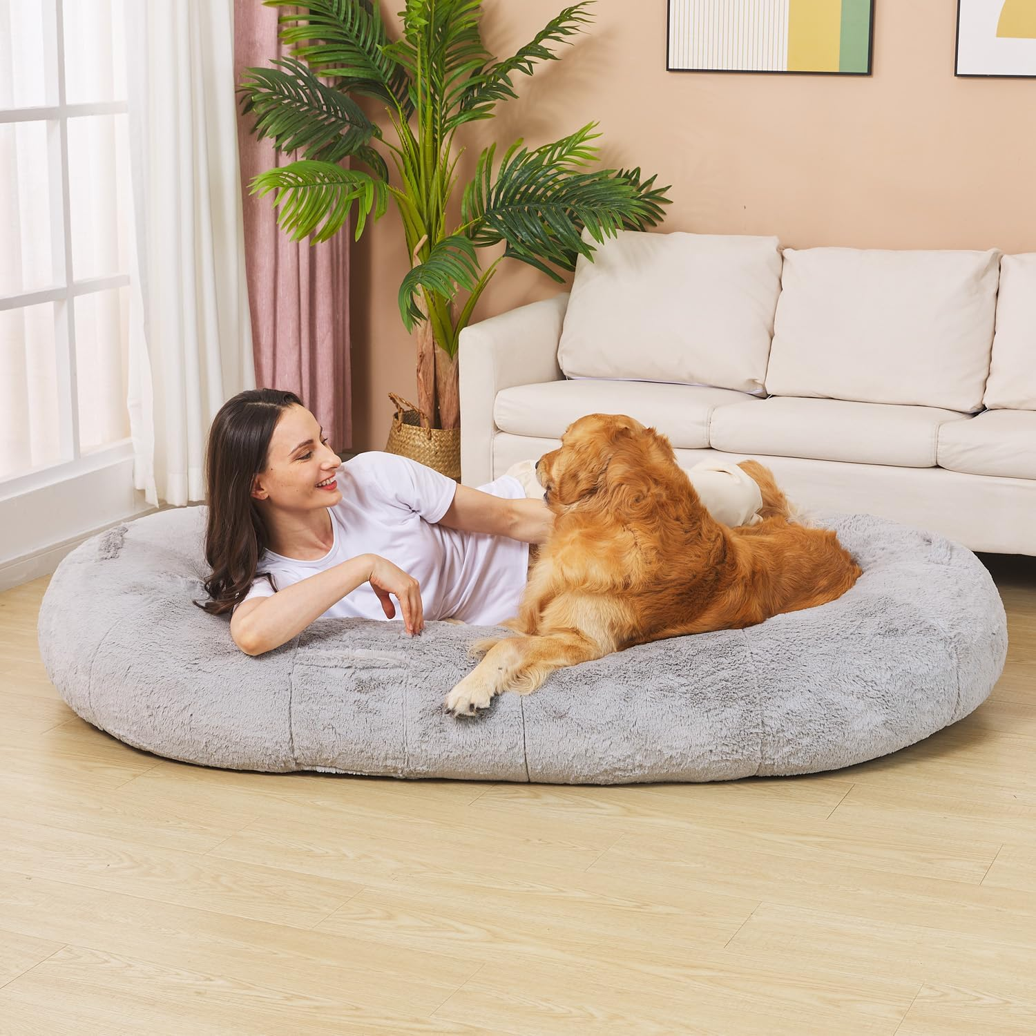 Fond + Found Large Human Dog Bed Fluffy Faux Fur Bean Bag Bed Nap Bed for Pets&Adults with Memory Foam, Floor Mat, Human Sized Foldable Pet Bed, Removable Washable Fur Cover