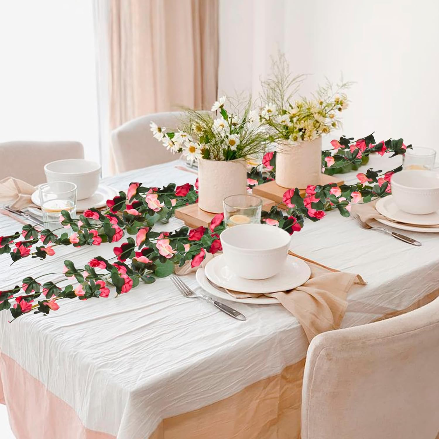 Bacucine Flower Garland 8PCS 63Ft Artificial Rose Vine Hanging Flower Vines with Green Leaves Floral Garland for Wedding Wall Arch Party Decor (Pink) - Pink image number 2