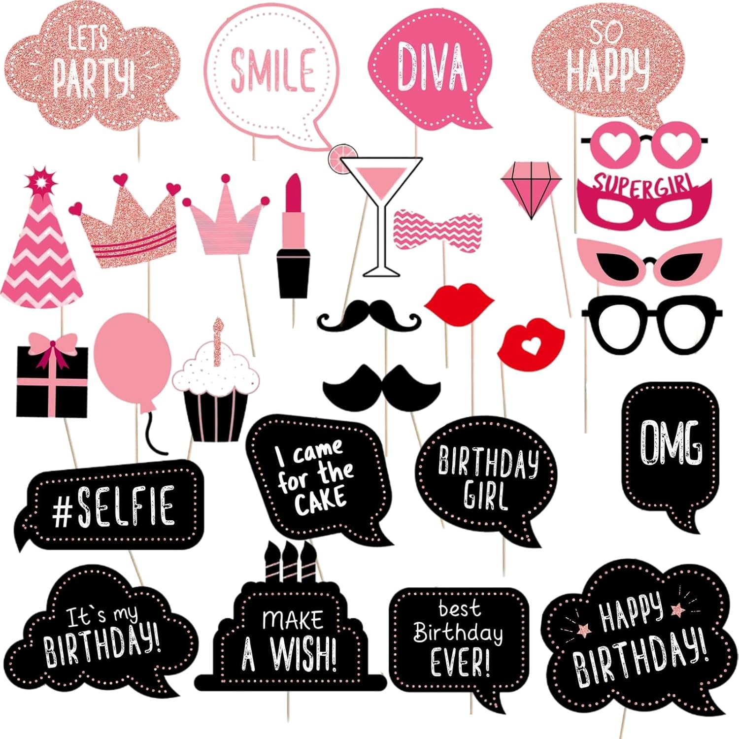 Jeyzuroa 30 Pieces Birthday Photo Booth Props Kit - Happy Birthday Party Favors Supplies & Decorations for Women and Girls' Birthday Party, Set with Real Glitter Cute, Easy to Assemble (Rose Gold) image number 5