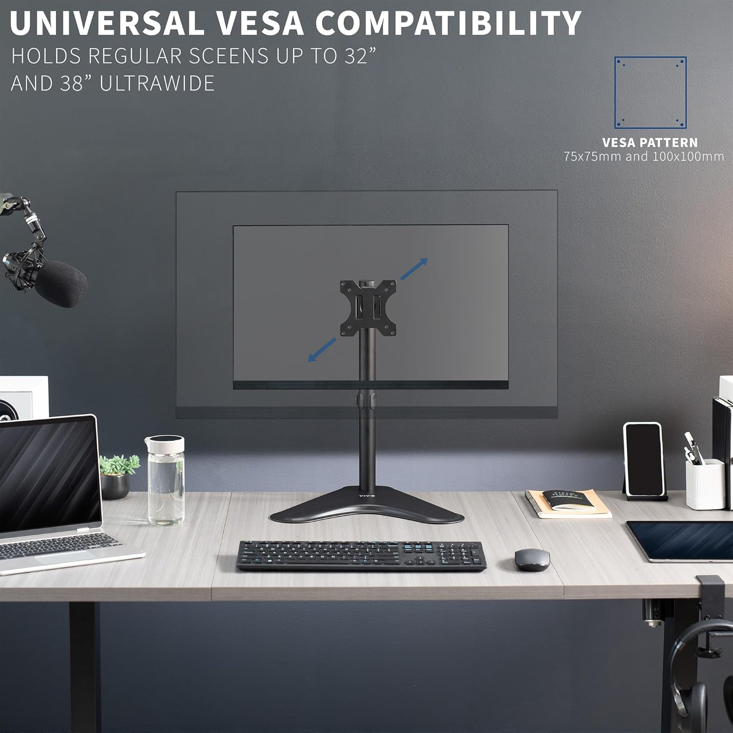 VIVO Single Monitor Desk Stand, Holds Screens up to 32 Inch Regular and 38 Inch Ultrawide, Freestanding VESA Steel Mount Base, Adjustable Height, Tilt, Swivel, Rotation, Black, STAND-V001H image number 5