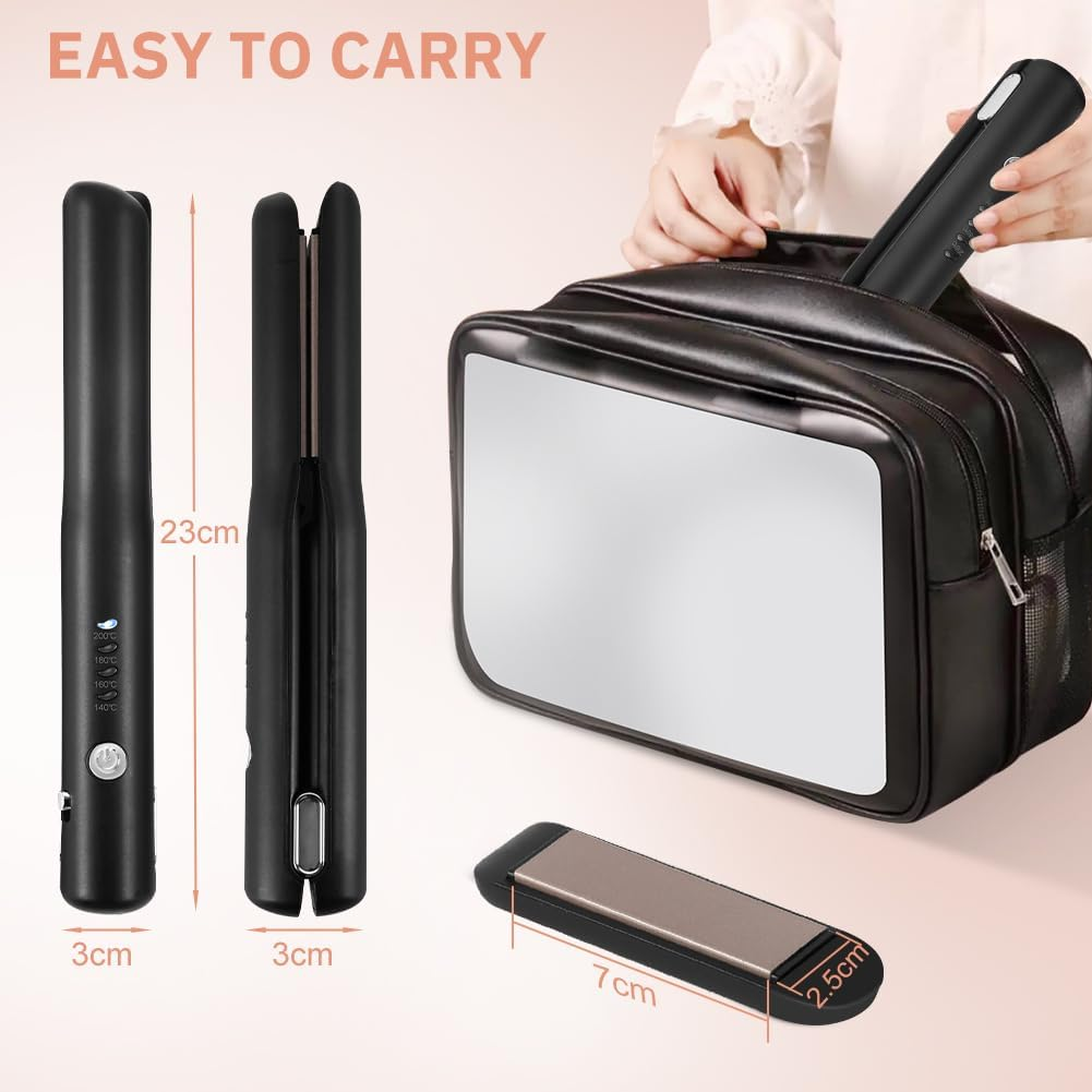 Alaoo Wireless Hair Straightener, 2 in 1 Ceramic Hair Straightener, 4 Temperature, Adjustable Temperature 140 &deg;C - 200 &deg;C, Curler Straightener for Women, Holidays, Travel, Camping Styling, Black - Black image number 3