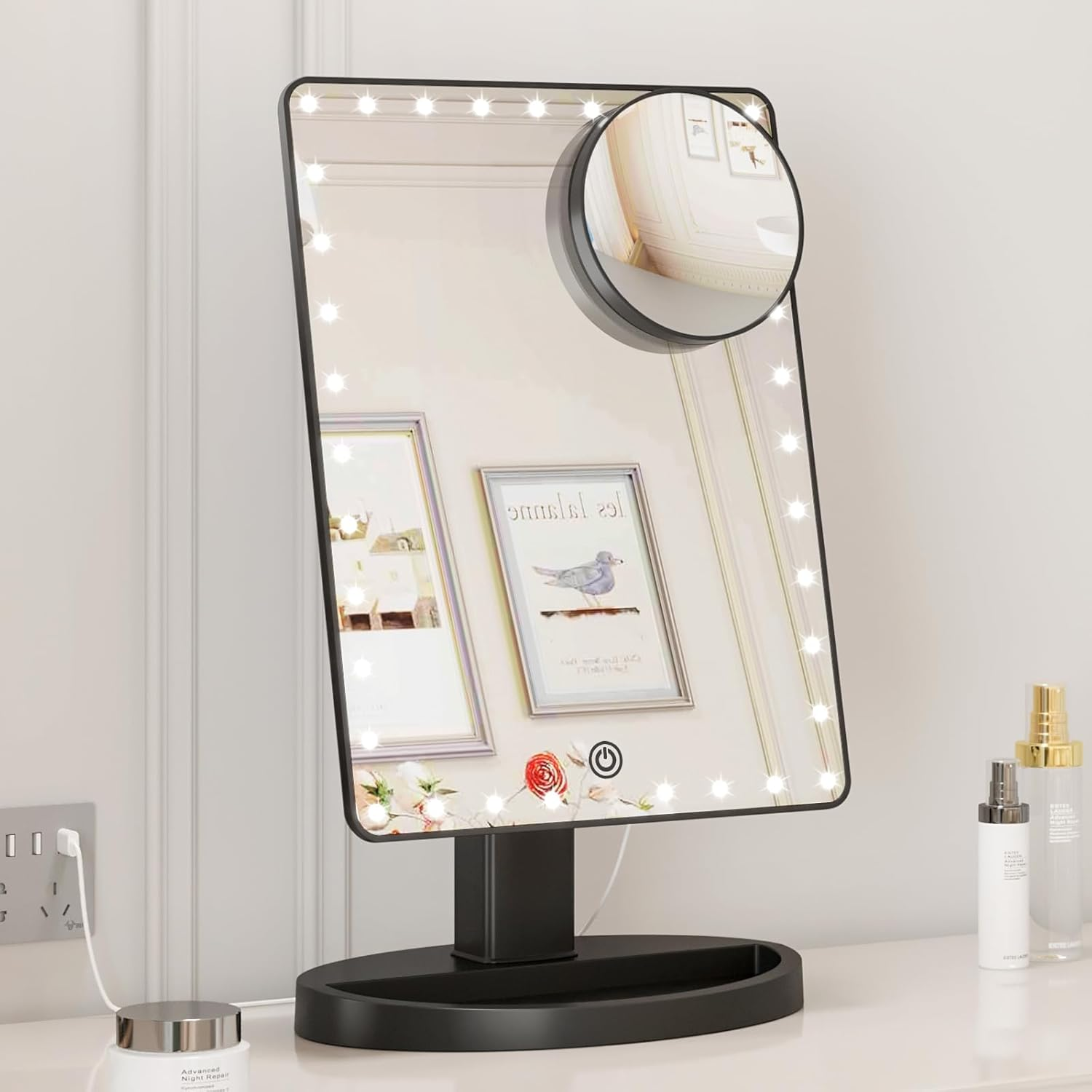 FUNTOUCH Large Lighted Vanity Makeup Mirror (X-Large Model), Light up Mirror with 35 LED Lights, Touch Screen and 10X Magnification Mirror, 360&deg; Rotation Tabletop Cosmetic Mirror (Black) image number 5