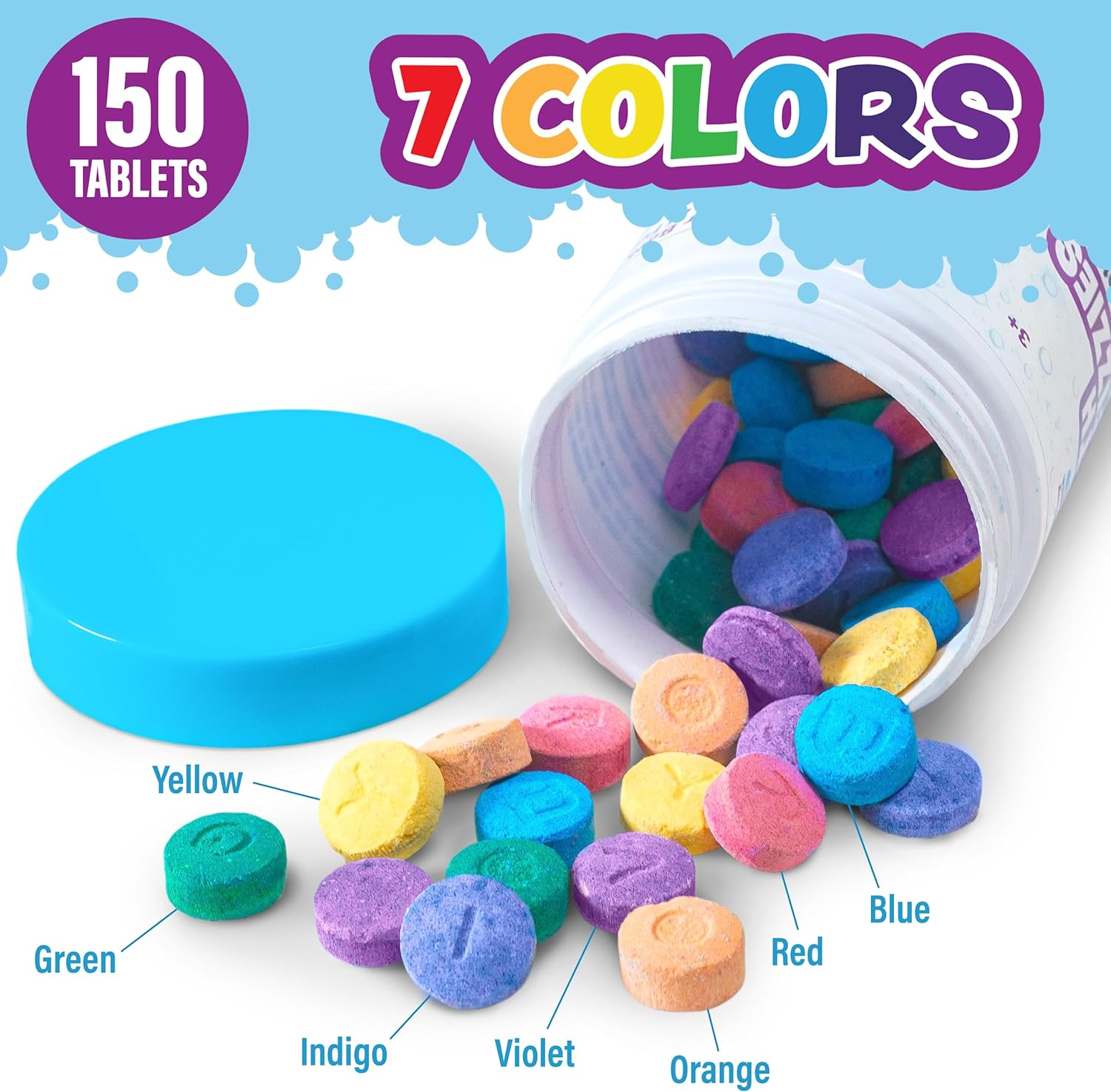 Tub Works&reg; Bath Colour Fizzies, 150 Count | Nontoxic & Fragrance-Free | Fizzy, Bath Colour Tablets for Kids | Create Fun Bath Colours | Water Tablets in 7 Colours for Variety | Bath Bombs for Kids Bath image number 2