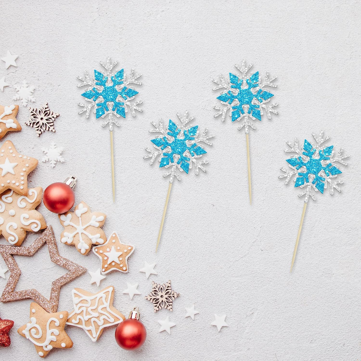 24Pcs Double Layers Snowflake Cupcake Toppers Glitter Winter Theme Snowflake Cupcake Picks Decorations for Baby Shower Kids Birthday Christmas Party Supplies image number 4