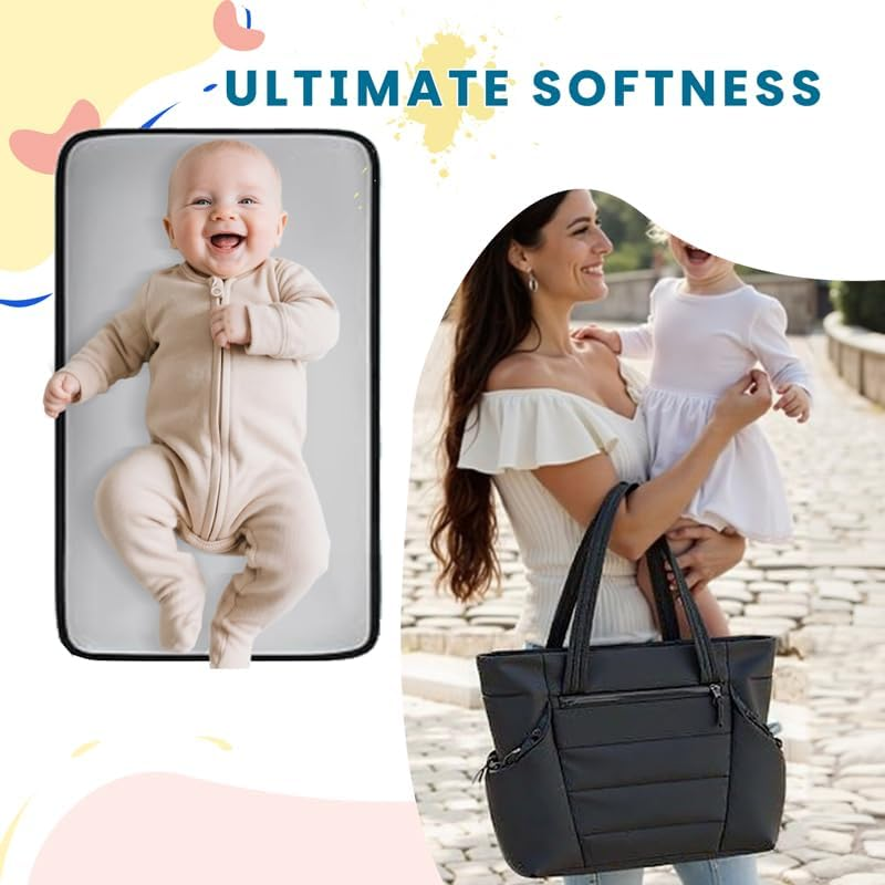 3-Piece Quilted Diaper Bag Set with Changing Mat, Large Capacity Tote with Shoulder Strap, Black image number 5