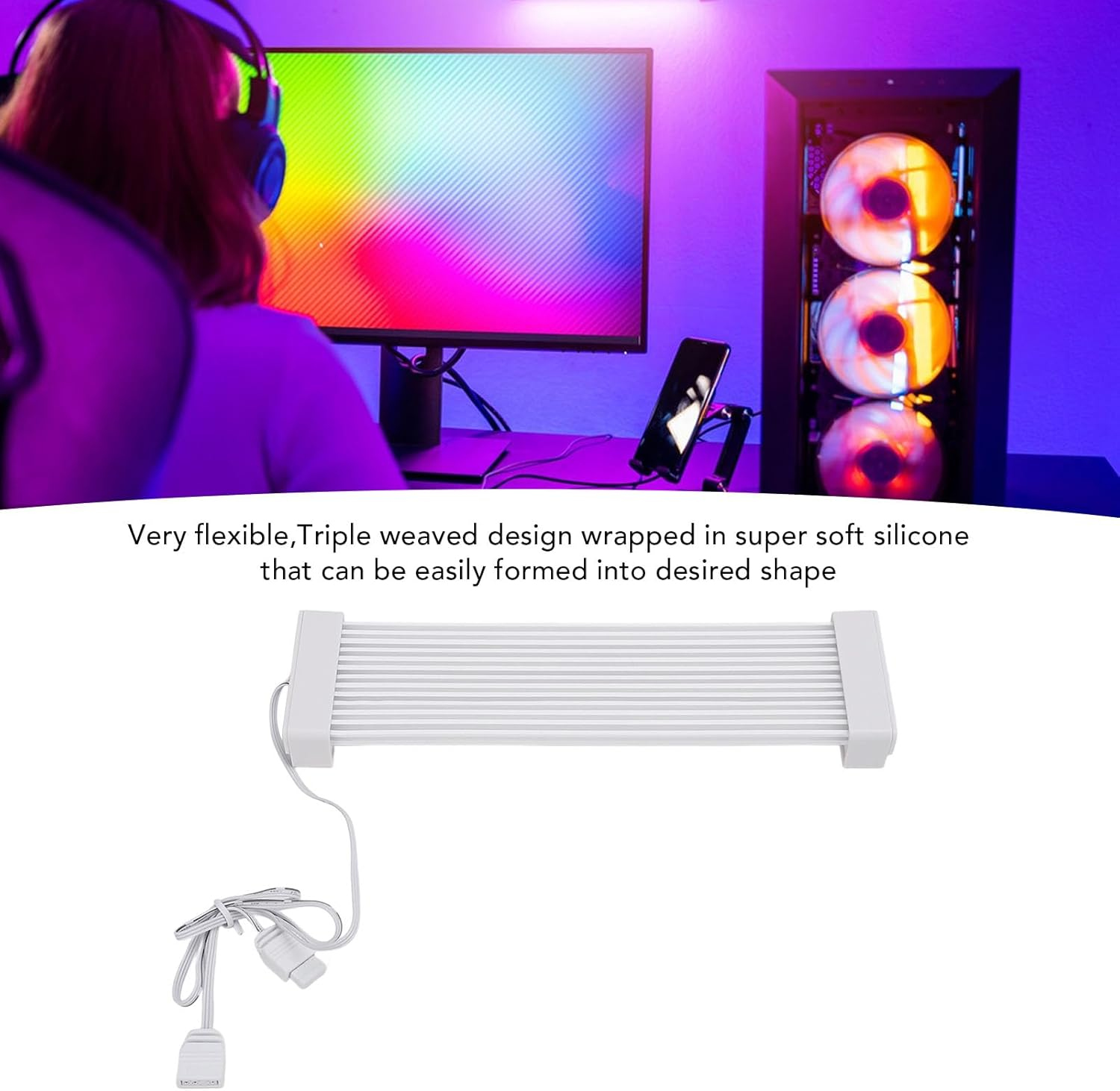 24 Pin to 24 Pin RGB GPU Cable, 205Mm Silicone Graphics Card RGB PSU Cables with 6 Wire Combs, 5V ARGB PC PSU Cables Graphics Card Power Supply Extension for Computer Case (White - Black Head image number 5