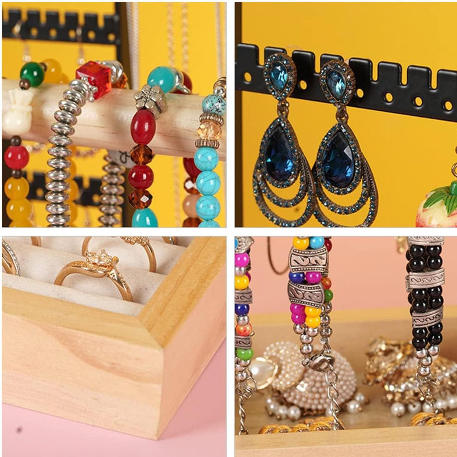 Paifeancodill Jewellery Stand Earring Stand Holder Jewelry Display Stands Necklace Holder Jewellery Holder with Storage Tray and Holes Wooden Jewellery Organiser Fornecklaceearringkeywatch (Gold) image number 3