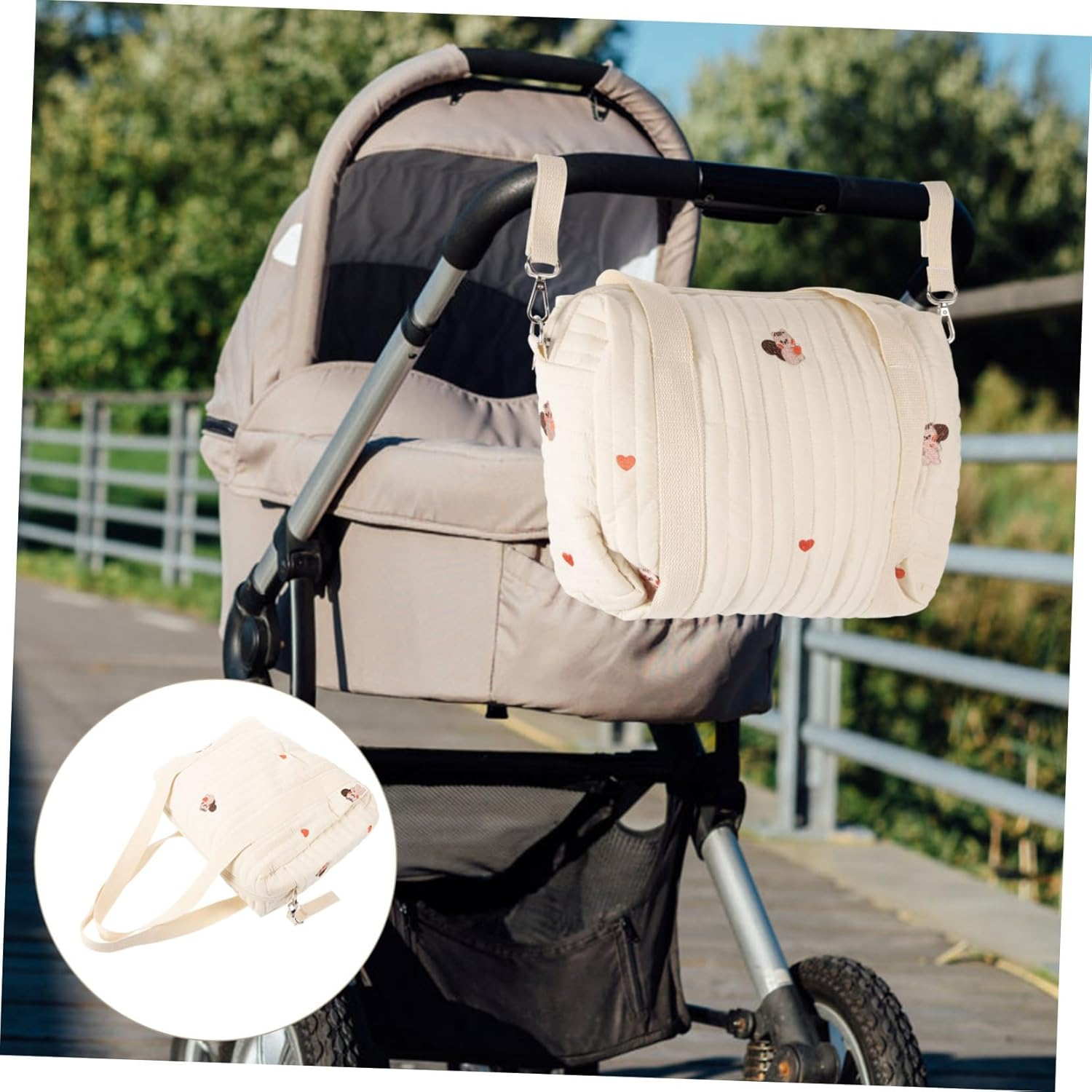 Embroidered Cotton Diaper Bag Baby Stroller Tote Portable Diaper Storage Bag Dual Straps Medium Size Squirrel Pattern for Travel and Outdoor Use image number 2