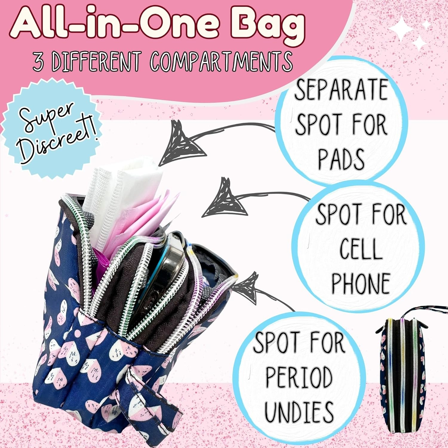 Mark and Lola&rsquo;S First Period Pal Pack To-Go Box | 31 Pcs | First Period Kit for Tweens | Teen Period Kit| Discrete Period Bag, Pads, Panty Liners, Period Kits for Tweens 10-12 (Hearts) image number 4